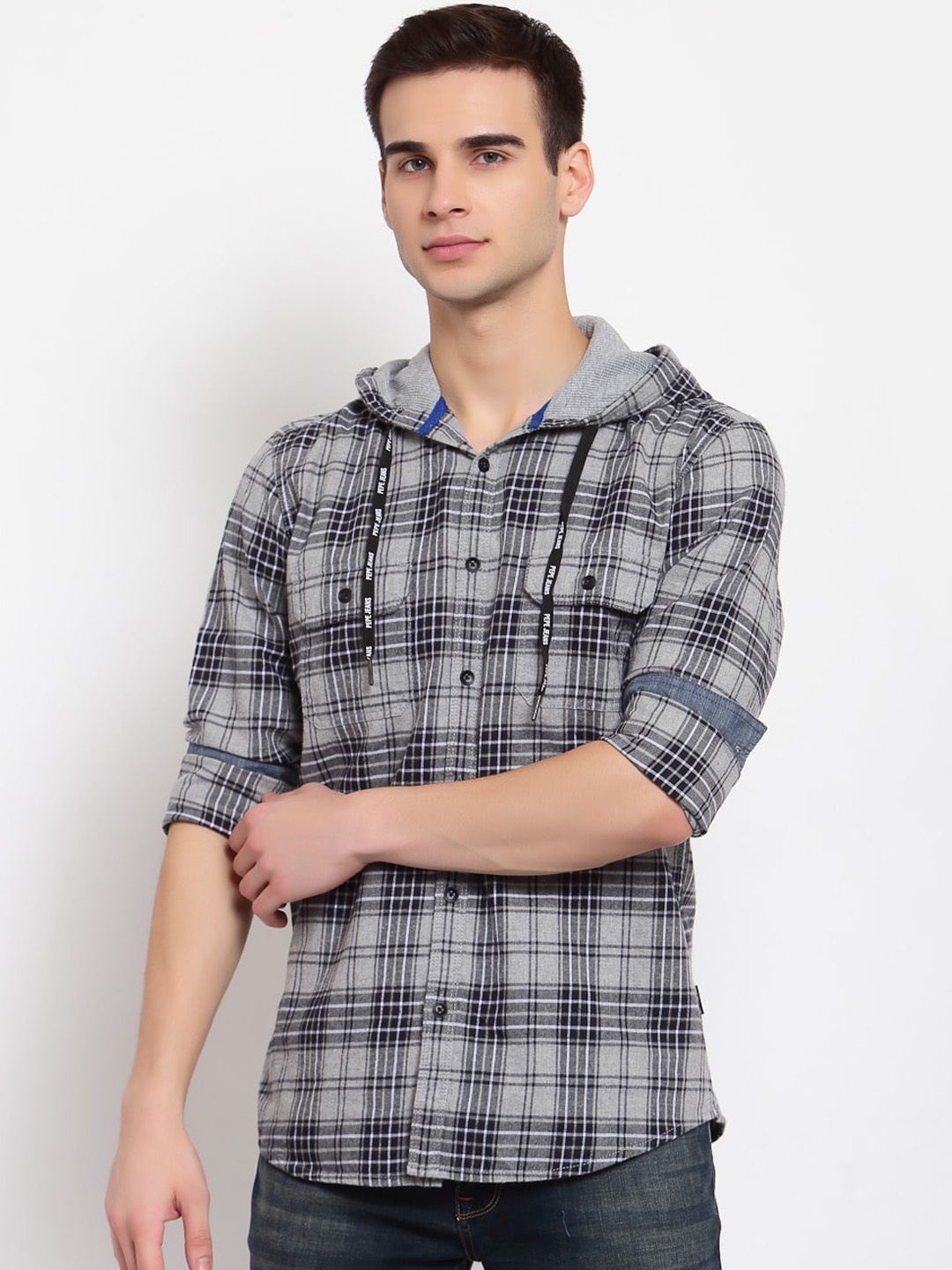 

Pepe Jeans Men Grey & Black Tartan Checks Opaque Hooded Cotton Casual Shirt