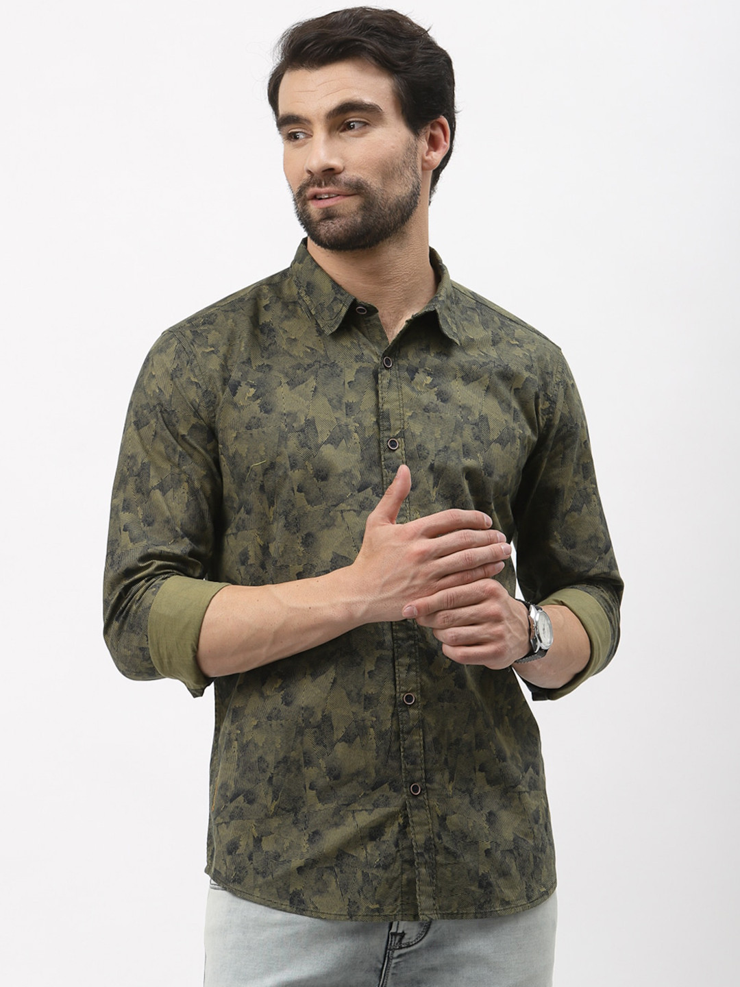 

Pepe Jeans Men Olive Green Opaque Printed Casual Cotton Shirt