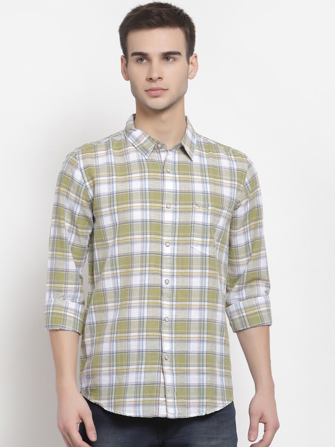 

Pepe Jeans Men Olive Green & White Checked Cotton Casual Shirt