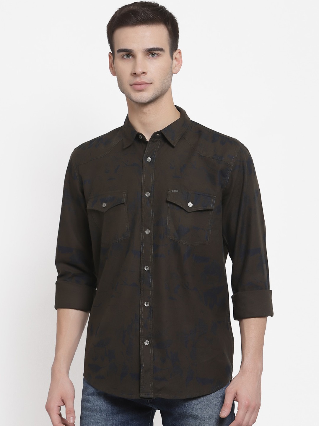 

Pepe Jeans Men Cotton Olive Green Printed Casual Shirt