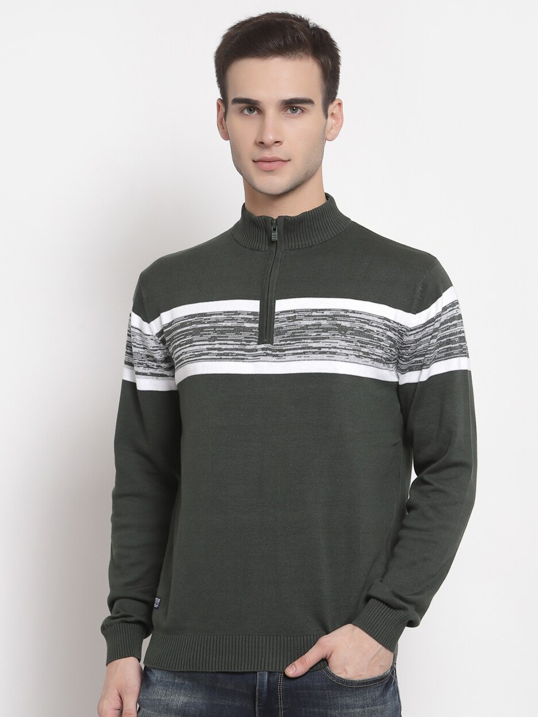 

Pepe Jeans Men Olive Green & White Striped Pullover