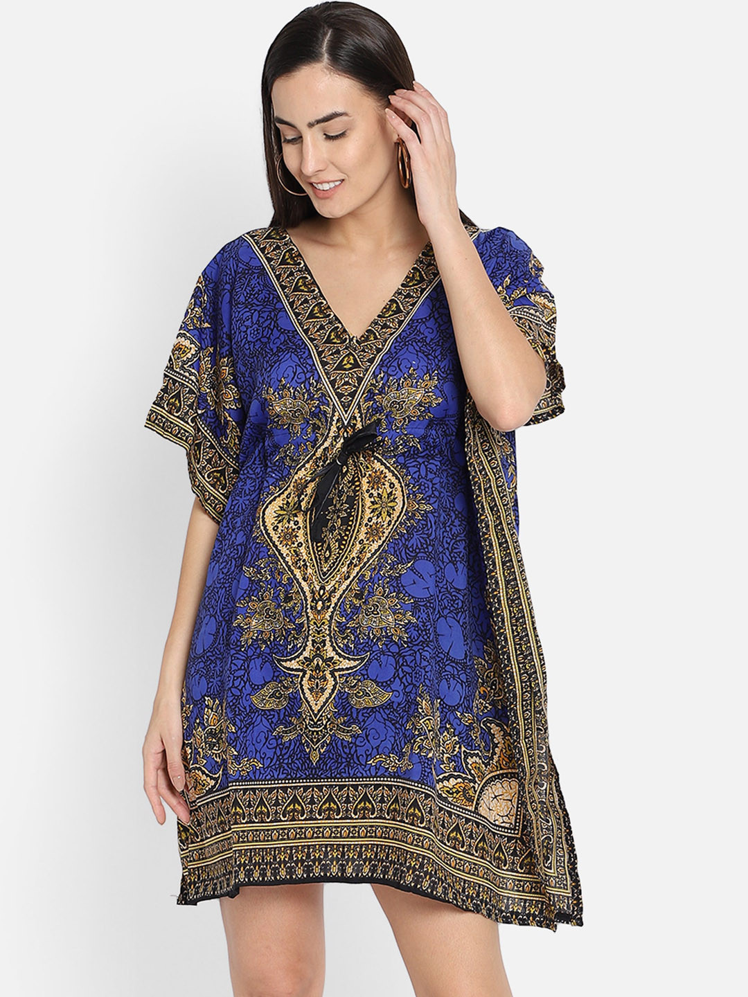 

Aditi Wasan Blue Ethnic Motifs Chiffon Kaftan Dress