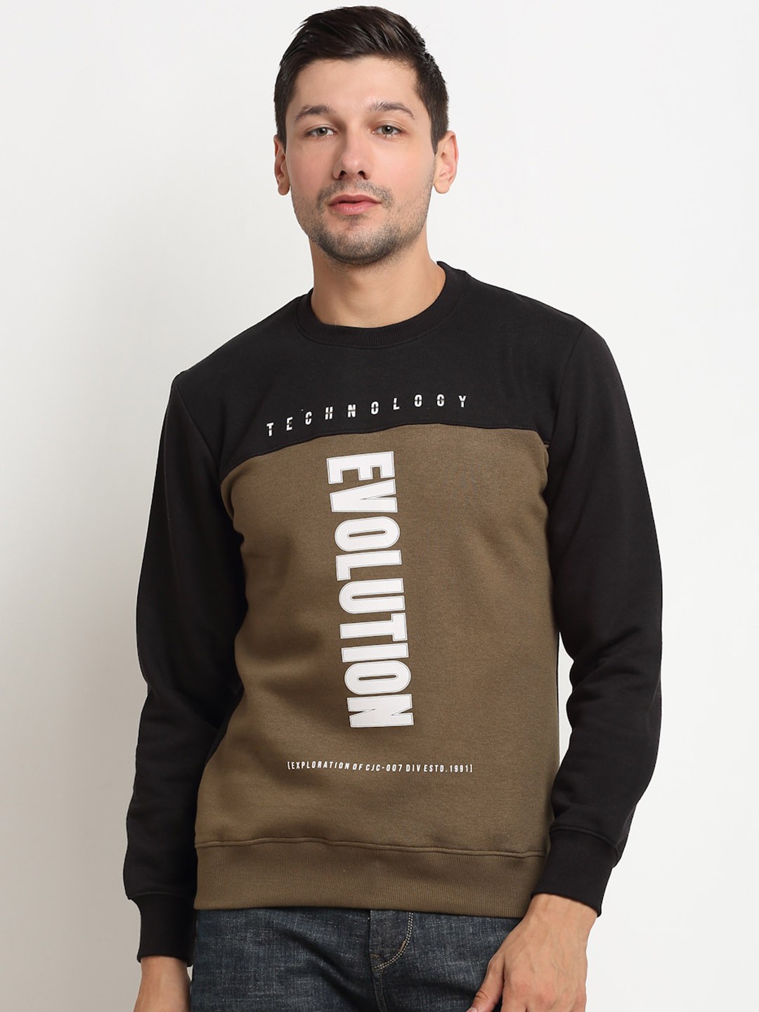 

Rodamo Men Olive Brown & Black Printed Sweatshirt