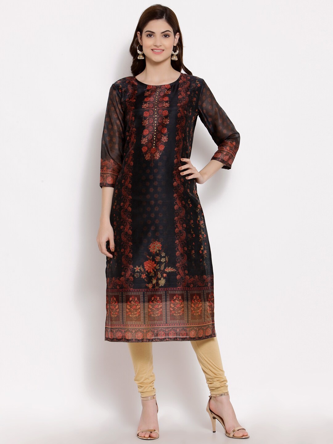 

Myshka Women Black & Red Floral Printed Chanderi Silk Kurta