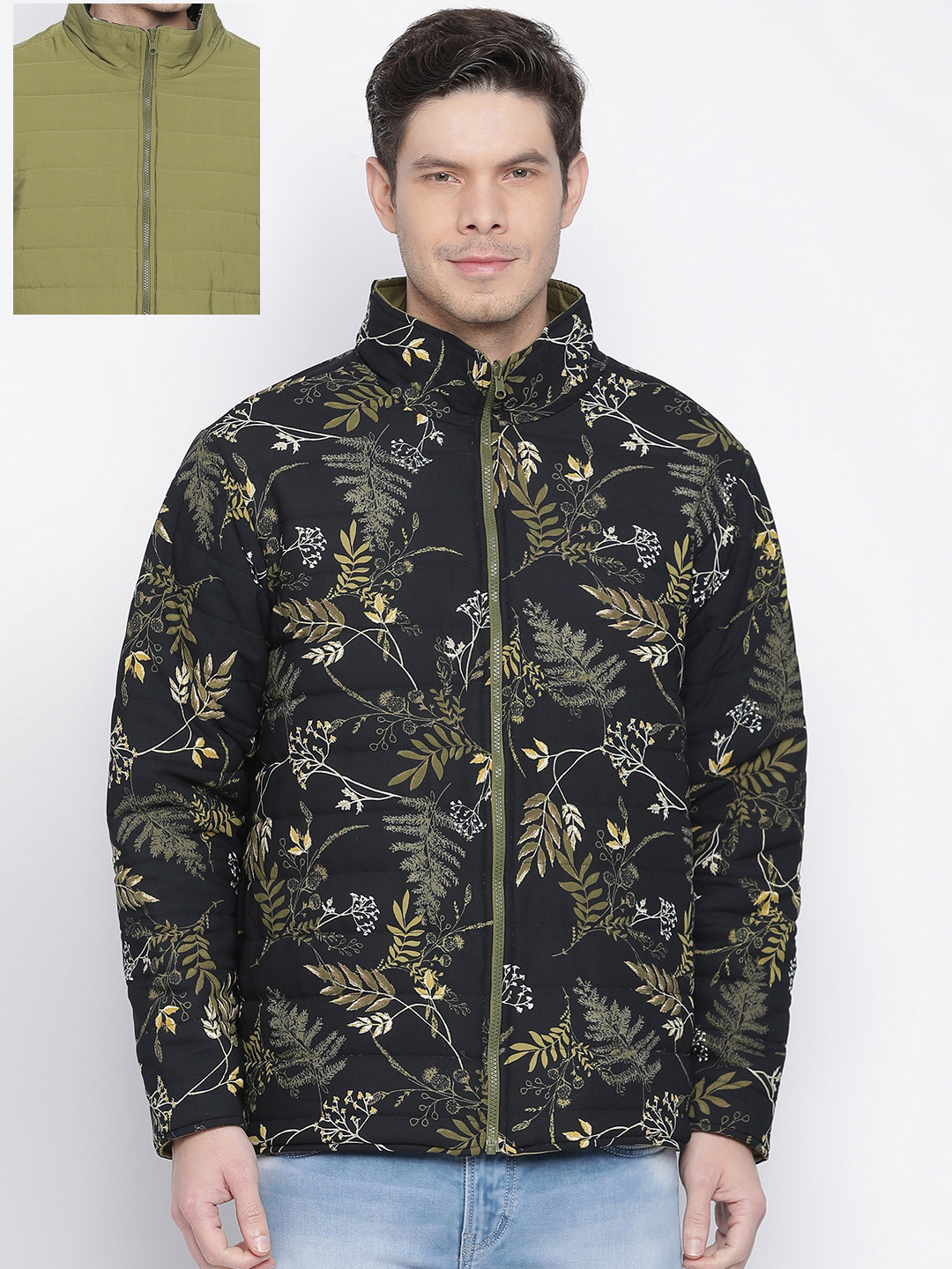 

Oxolloxo Men Navy Blue & Olive Green Floral Printed Reversible Quilted Jacket
