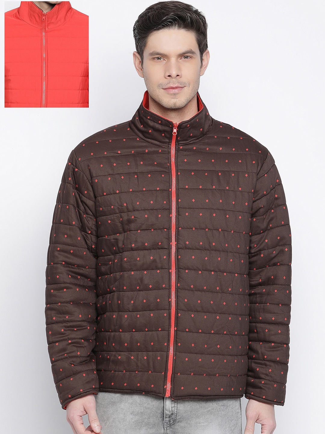 

Oxolloxo Men Brown & Pink Geometric Reversible Puffer Jacket