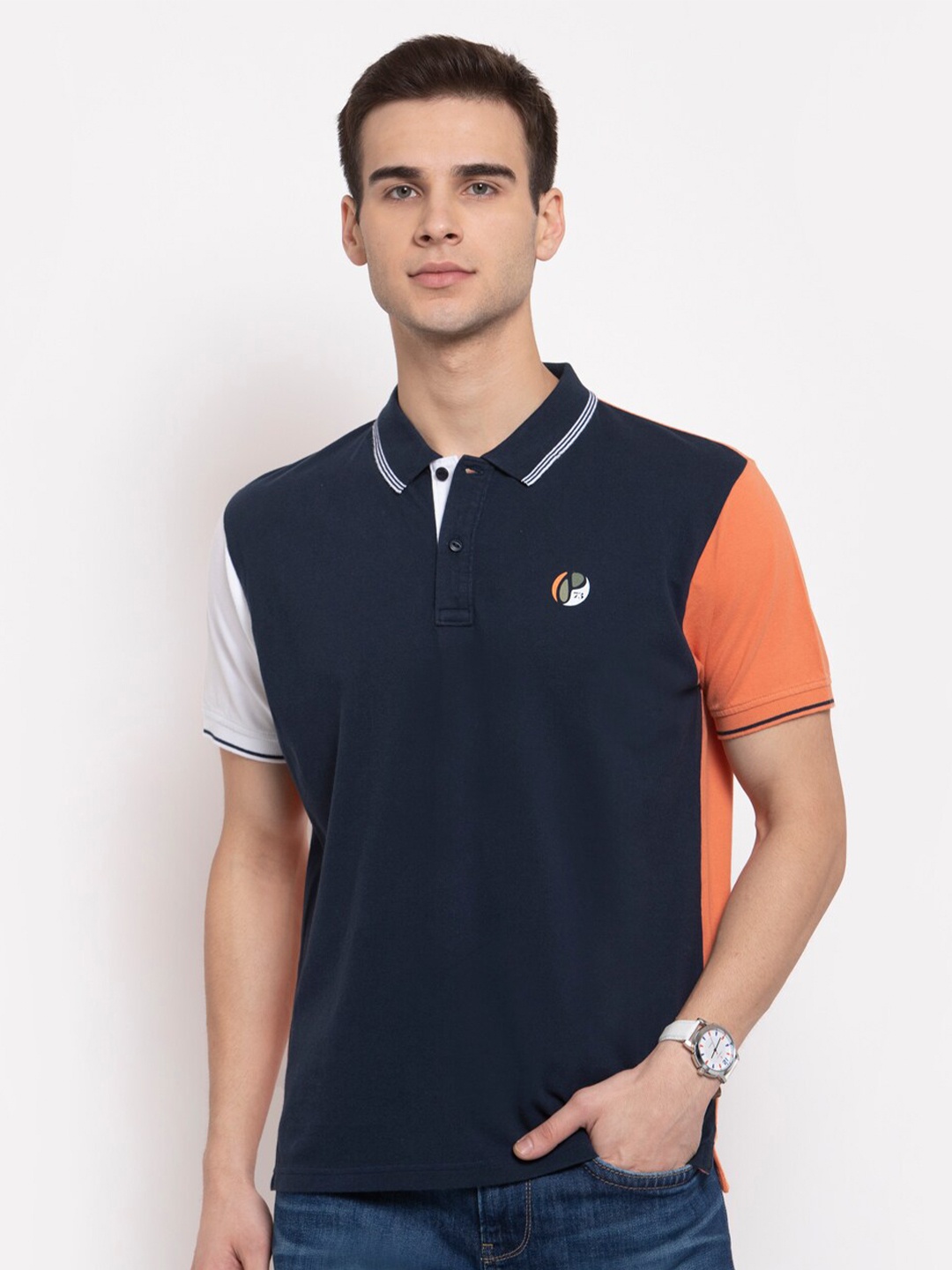 

Pepe Jeans Men Blue & Orange Colourblocked Polo Collar T-shirt