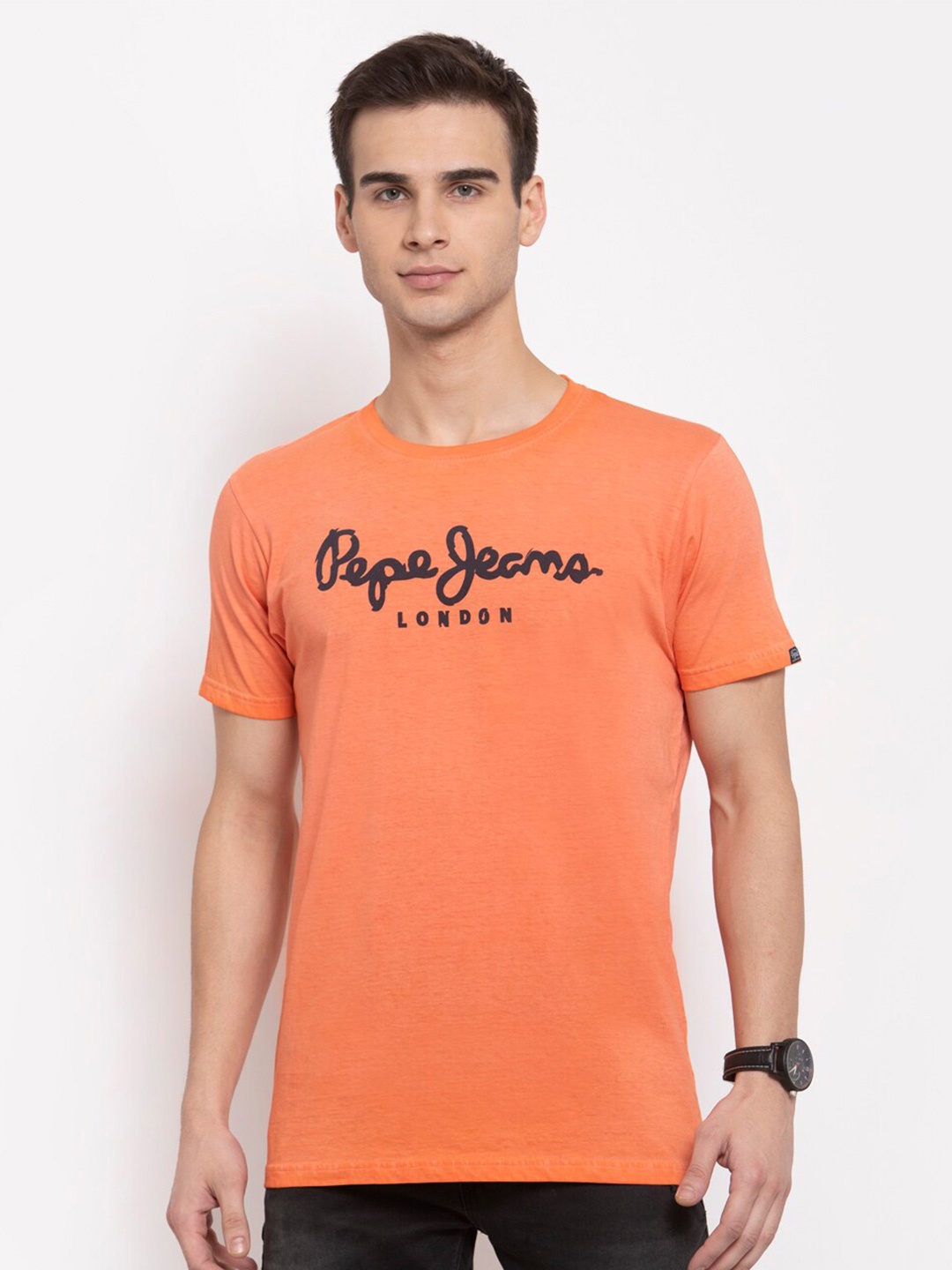 

Pepe Jeans Men Peach-Coloured Brand Logo Printed T-shirt