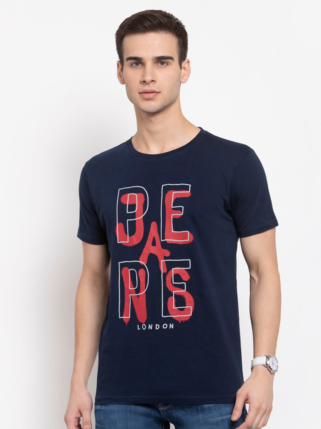 

Pepe Jeans Men Blue Brand Logo Printed Cotton T-shirt