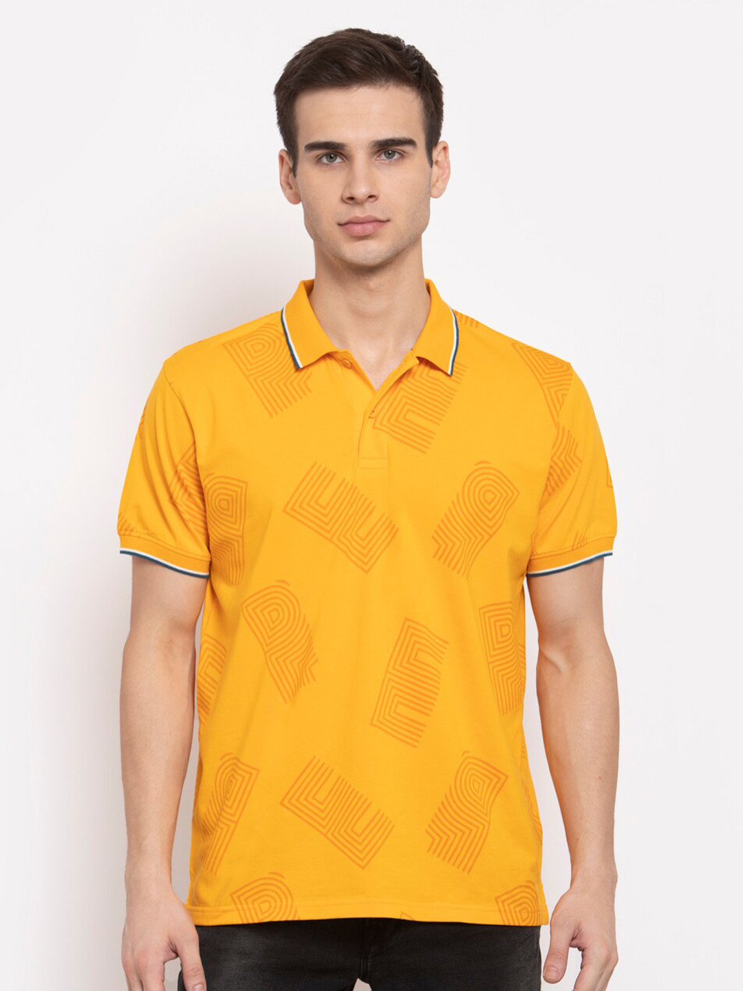 

Pepe Jeans Men Mustard Yellow Printed Polo Collar T-shirt