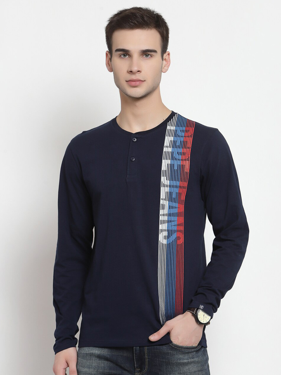 

Pepe Jeans Men Blue Typography Striped Henley Neck Pockets T-shirt