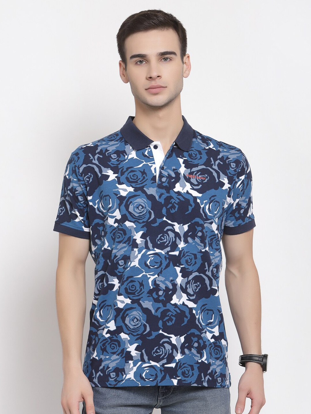 

Pepe Jeans Men Blue Floral Printed Polo Collar Cotton T-shirt