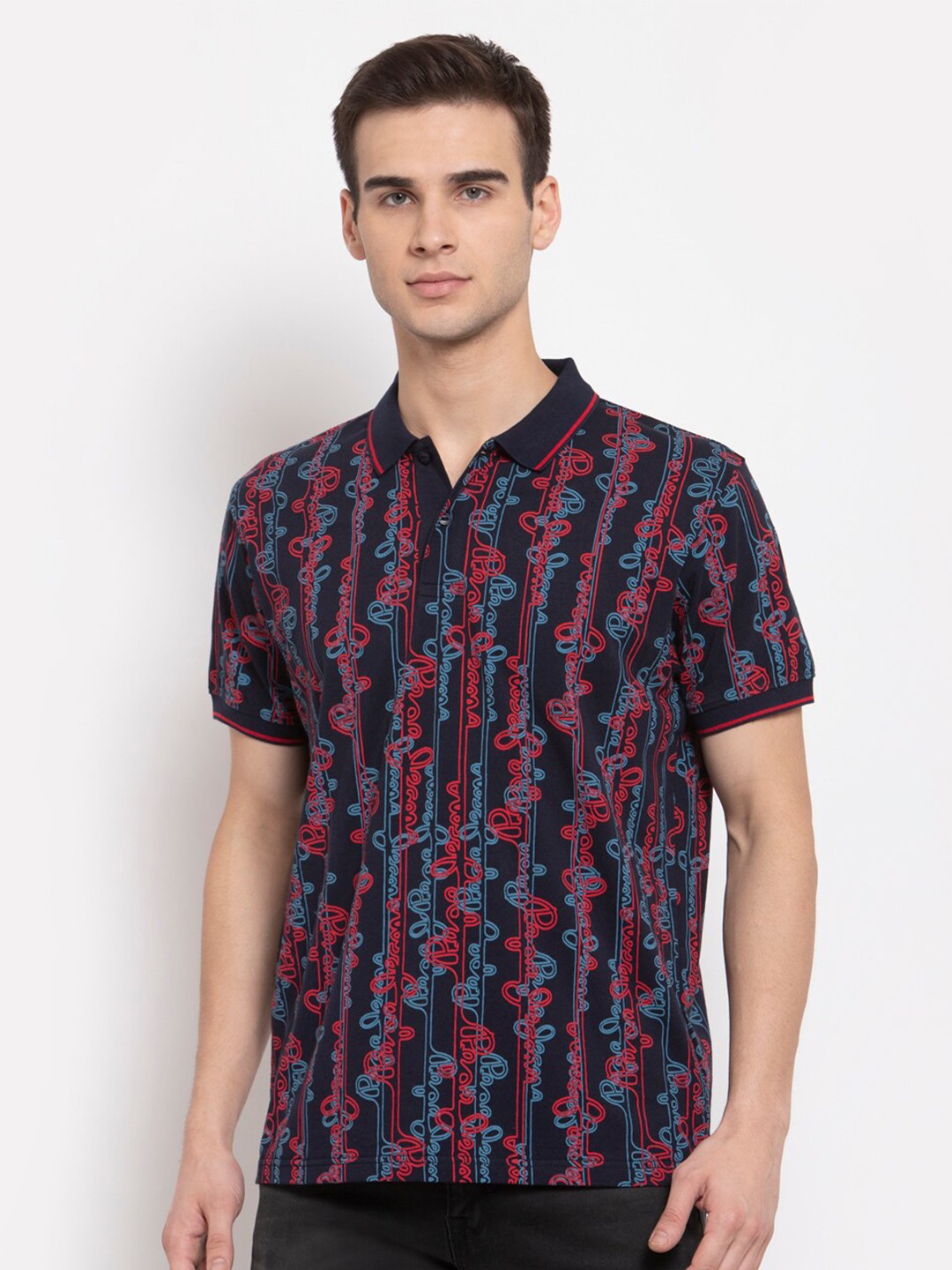 

Pepe Jeans Men Blue Printed Polo Collar Pockets T-shirt