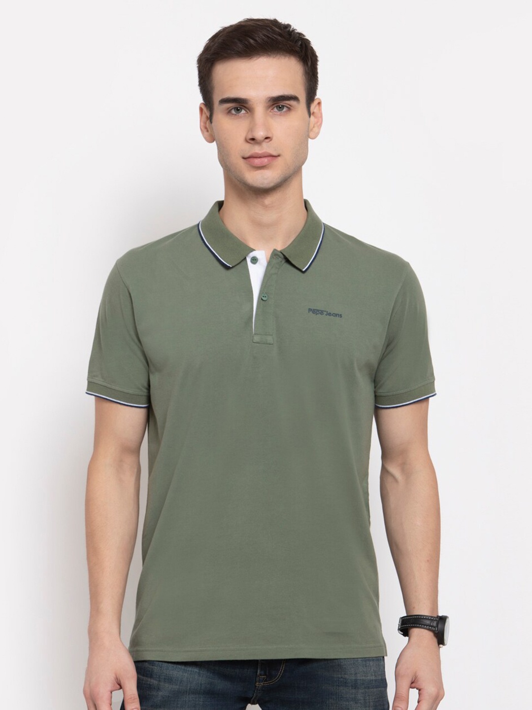 

Pepe Jeans Men Olive Green Polo Collar T-shirt