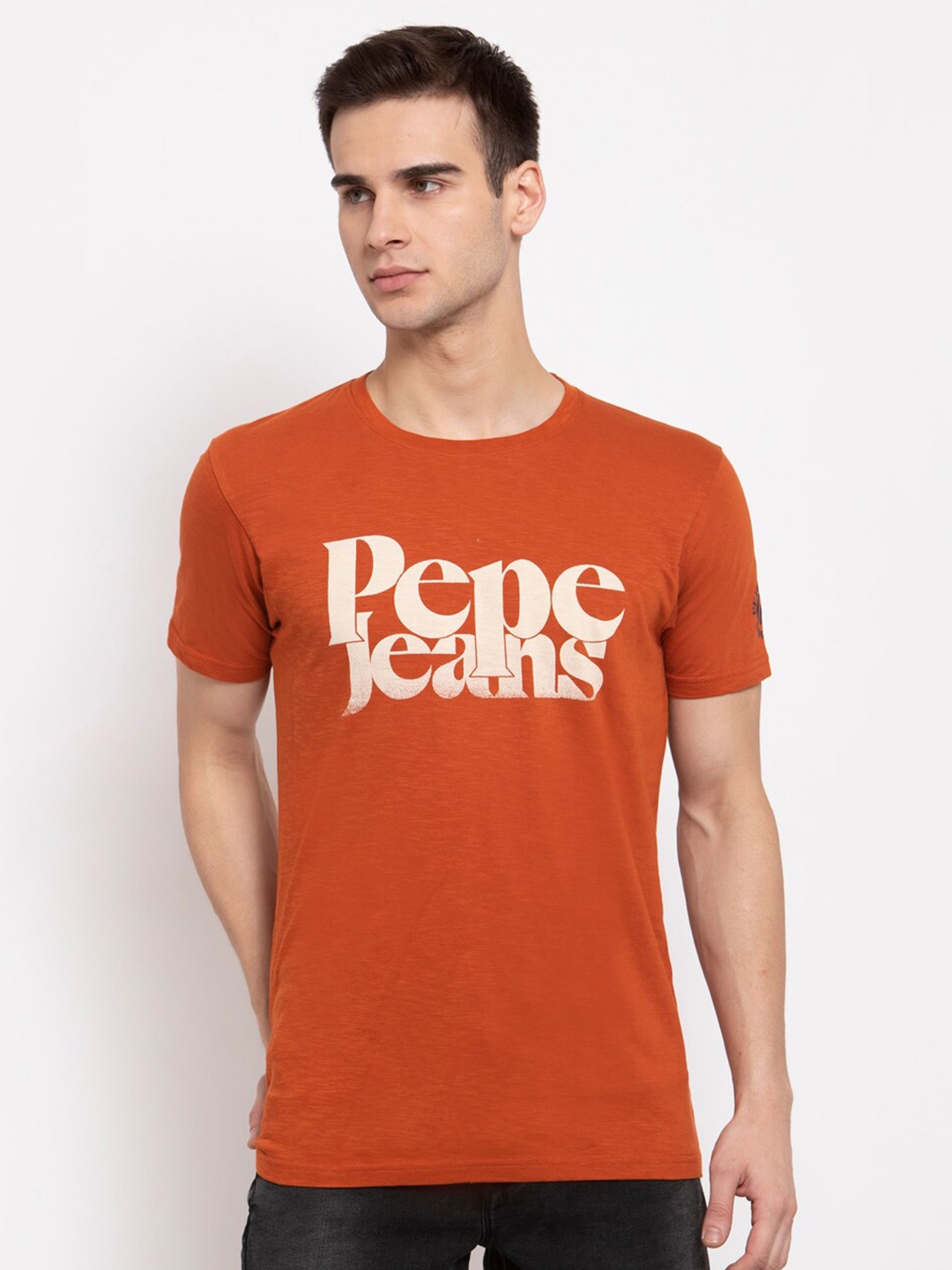 

Pepe Jeans Men Orange & White Brand Logo Printed Cotton T-shirt