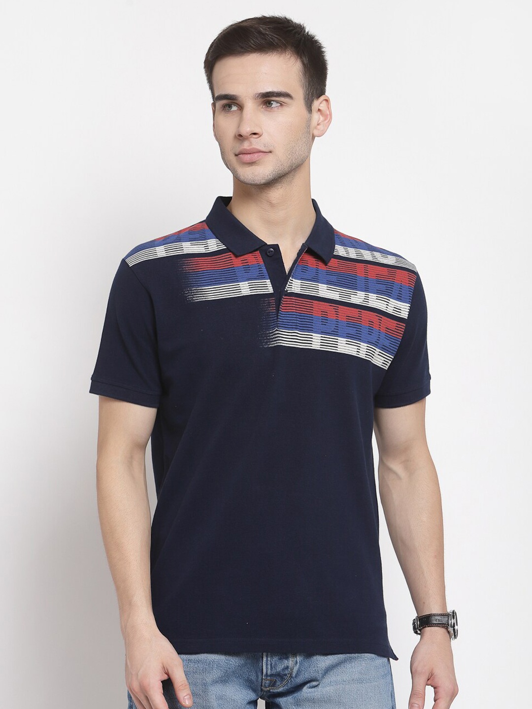 

Pepe Jeans Men Navy Blue Brand Logo Printed Polo Collar Cotton T-shirt