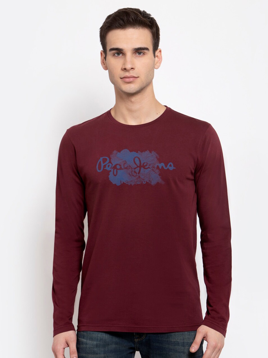 

Pepe Jeans Men Burgundy Brand Logo Printed Full Sleeve T-shirt