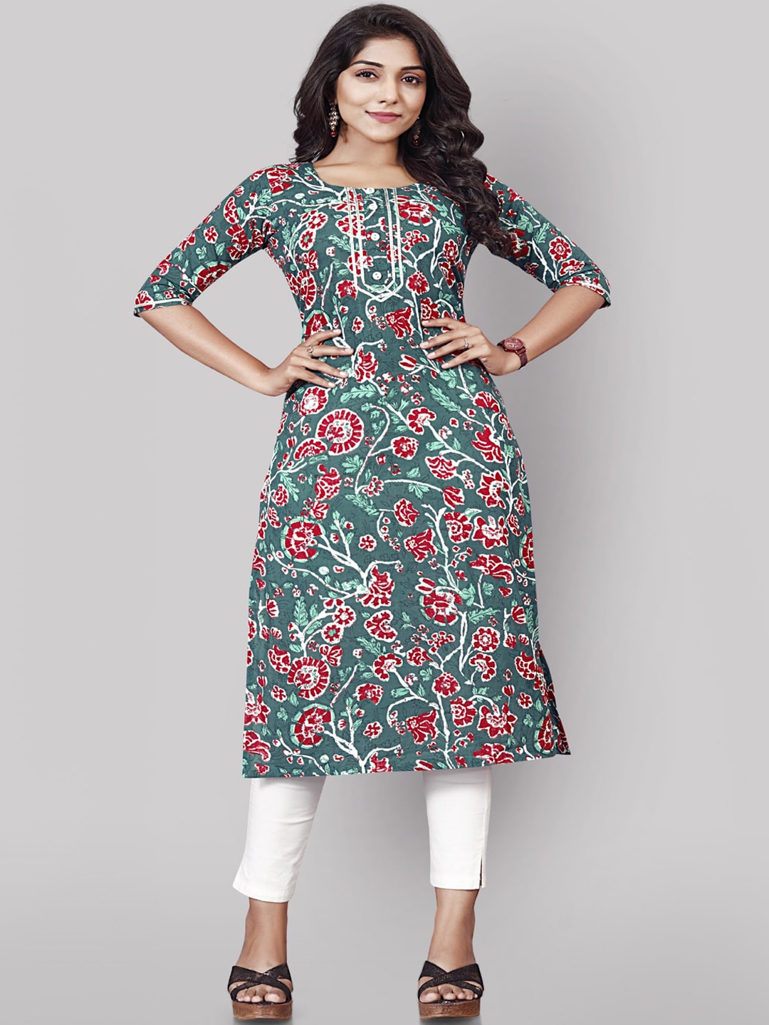 

Globon Impex Women Green & Red Floral Printed Floral Kurta