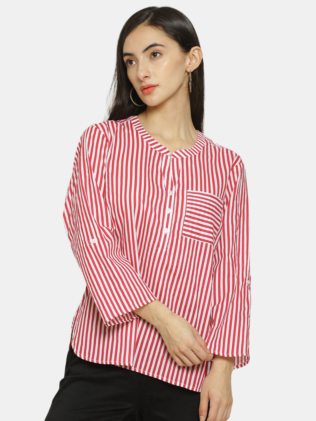 

IX IMPRESSION Red & White Striped Mandarin Collar Pure Cotton Regular Top
