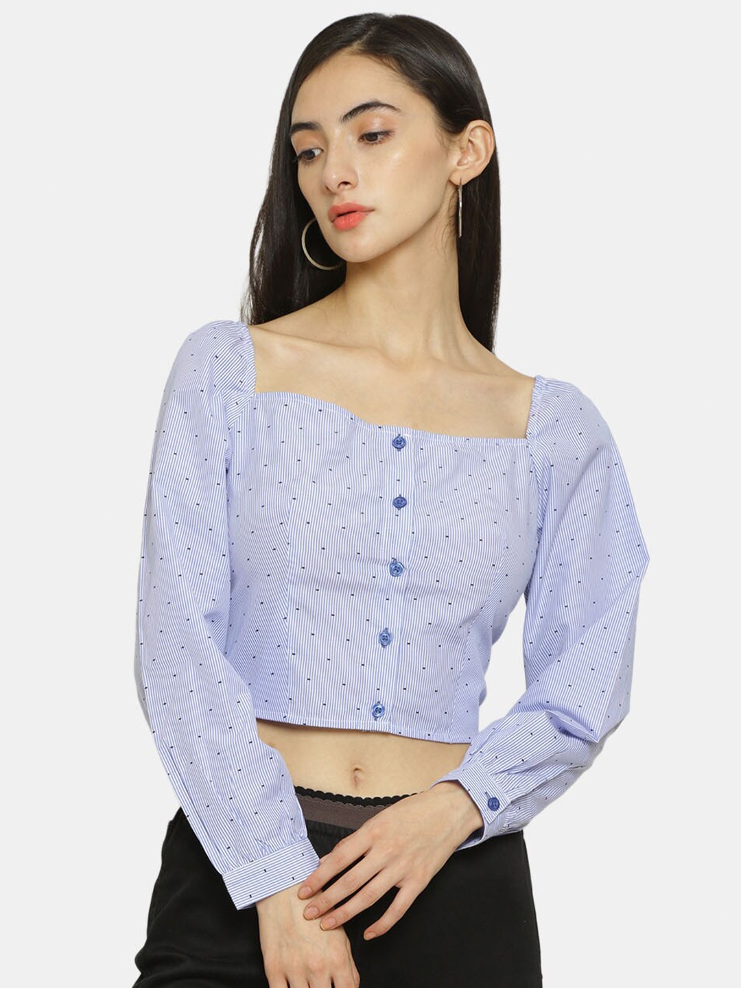 

IX IMPRESSION Blue Striped Regular Cotton Crop Top