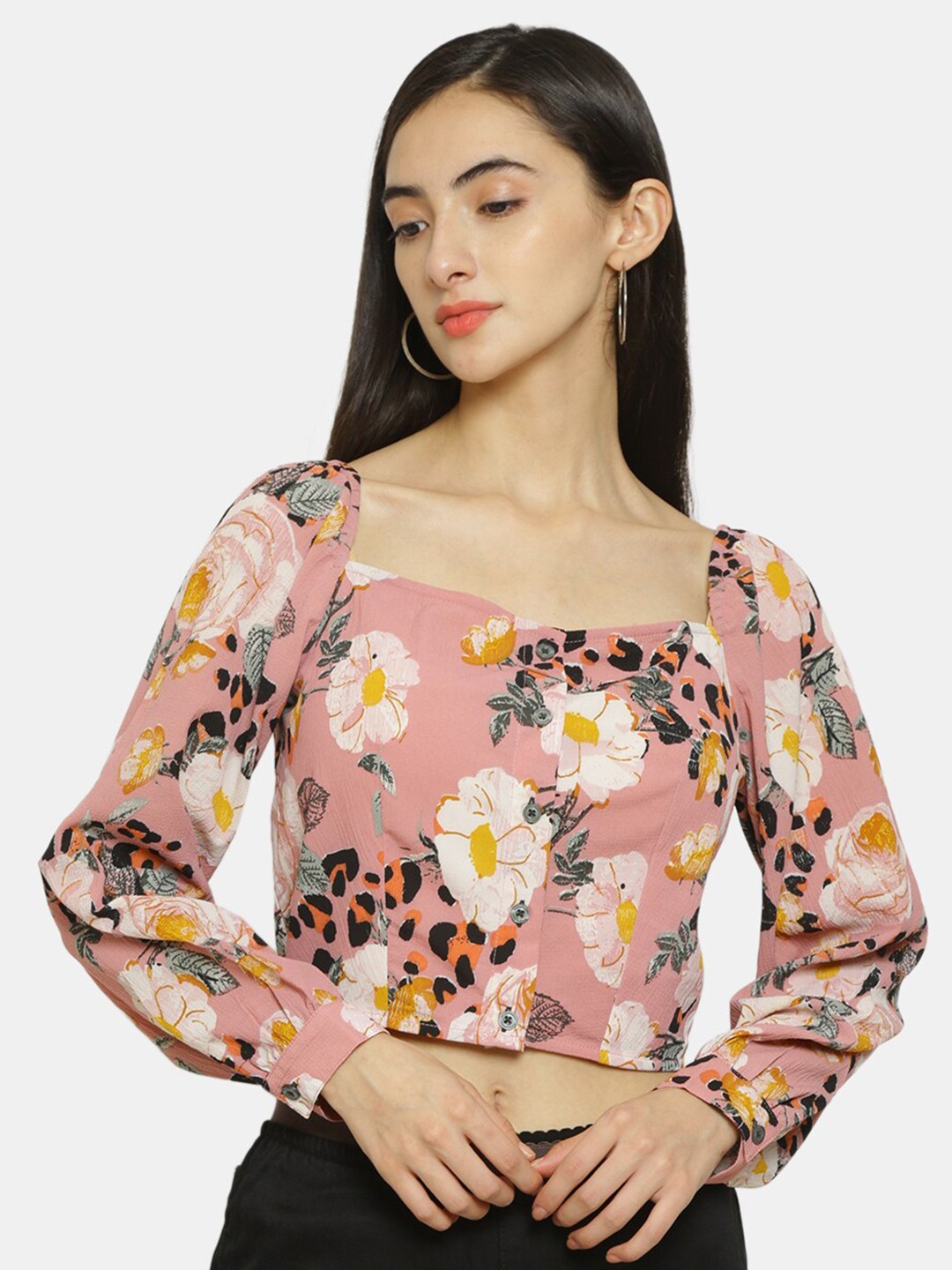 

IX IMPRESSION Pink Floral Printed Blouson Crop Top