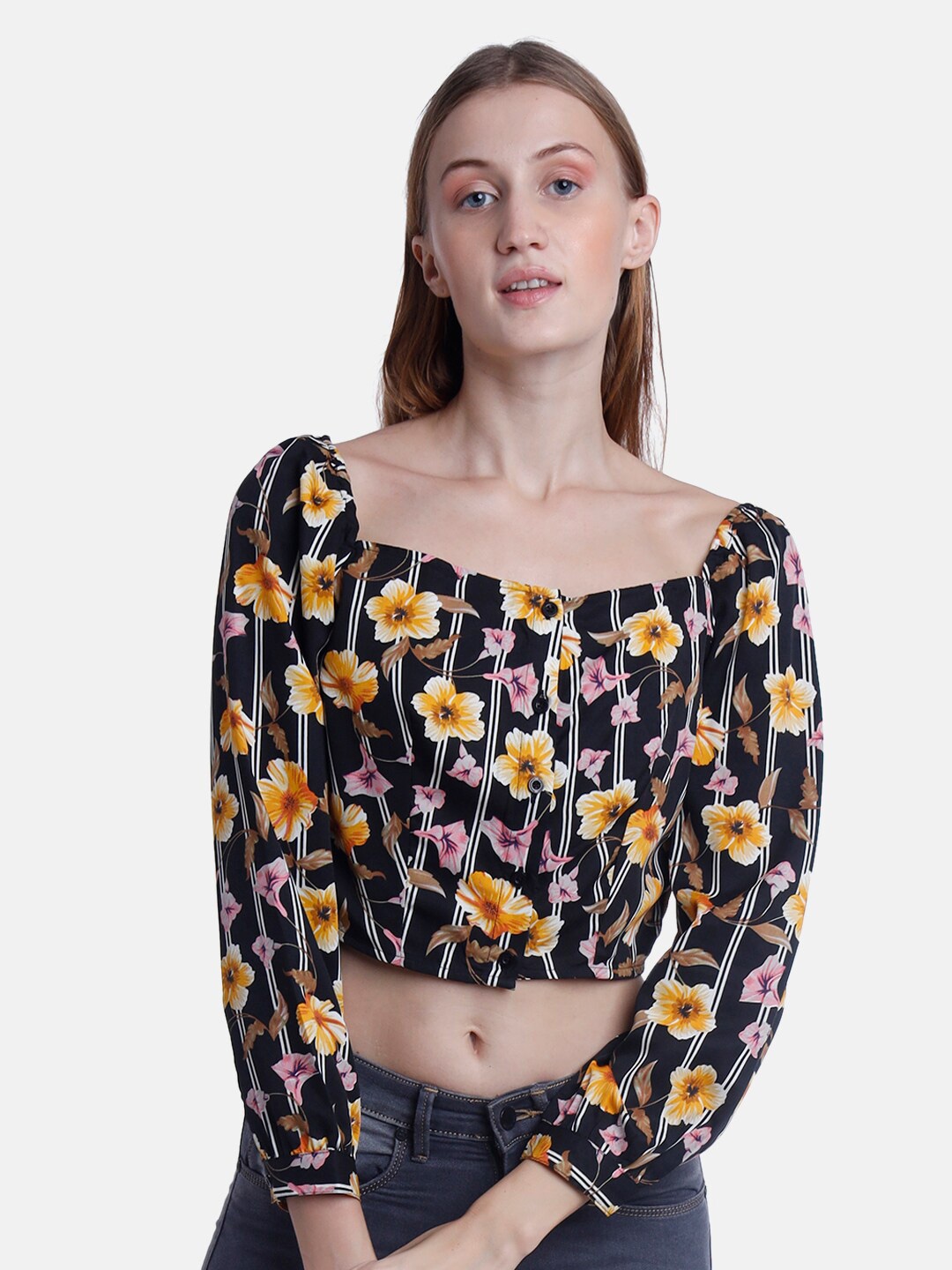 

IX IMPRESSION Black Floral Regular Crop Top