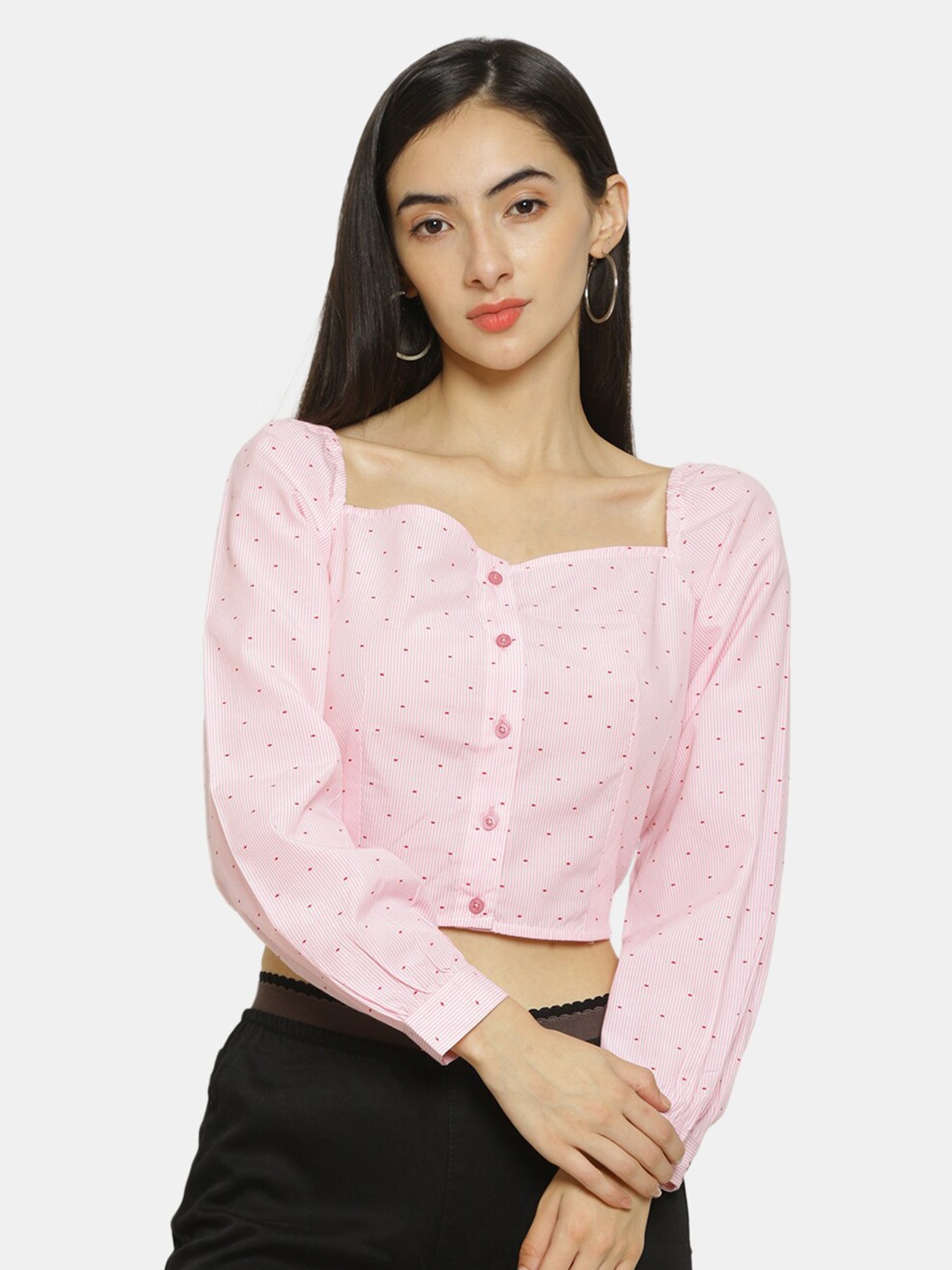 

IX IMPRESSION Pink Pure Cotton Sweetheart Neck Polka Dots Printed Crop Top