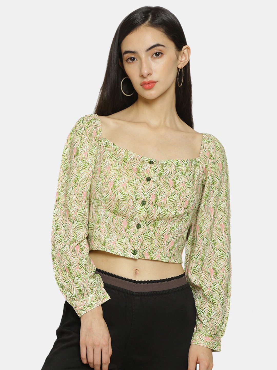 

IX IMPRESSION Green Floral Regular Crop Top