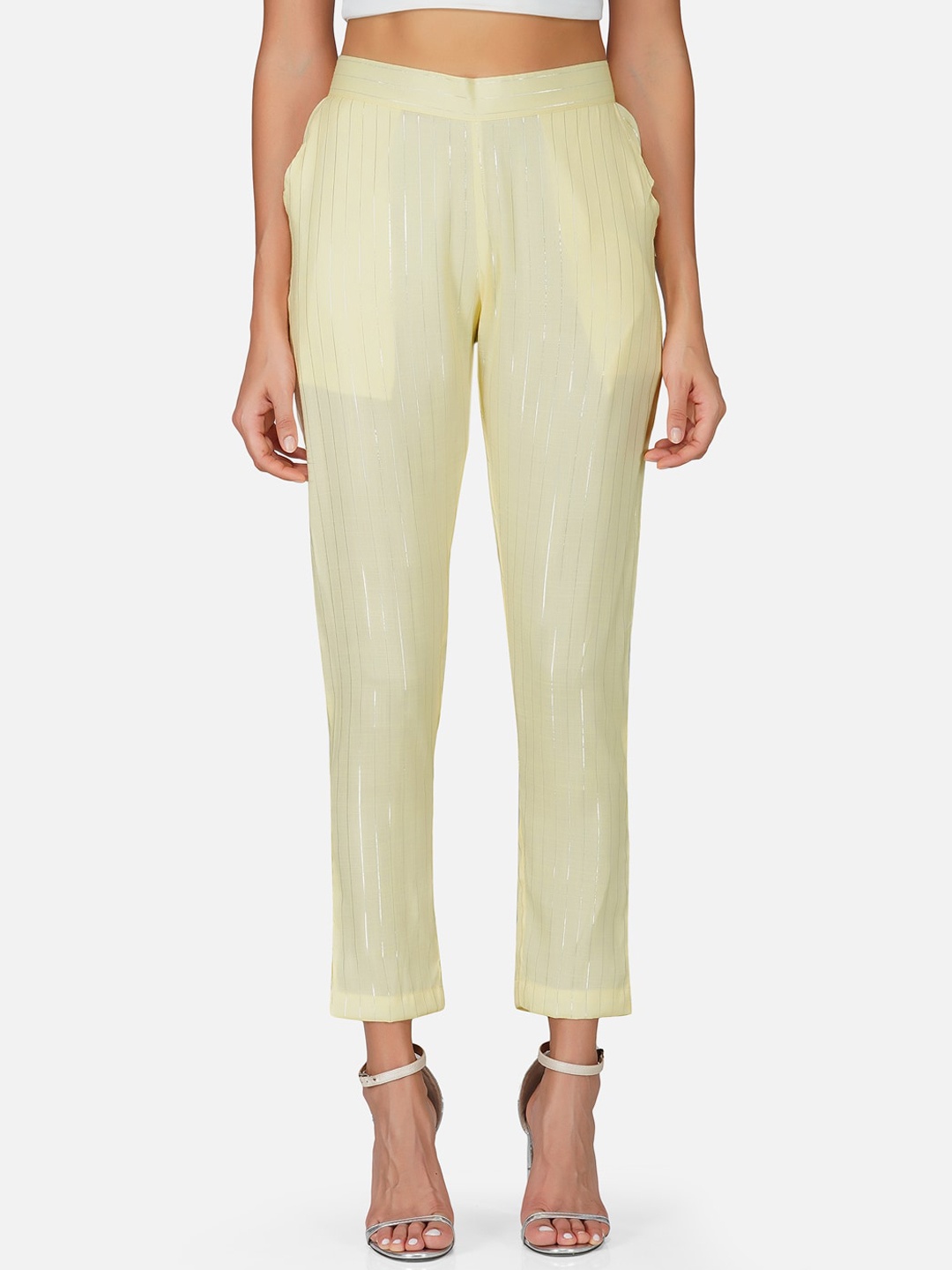 

FABNEST Women Yellow Striped Cigerette Trousers