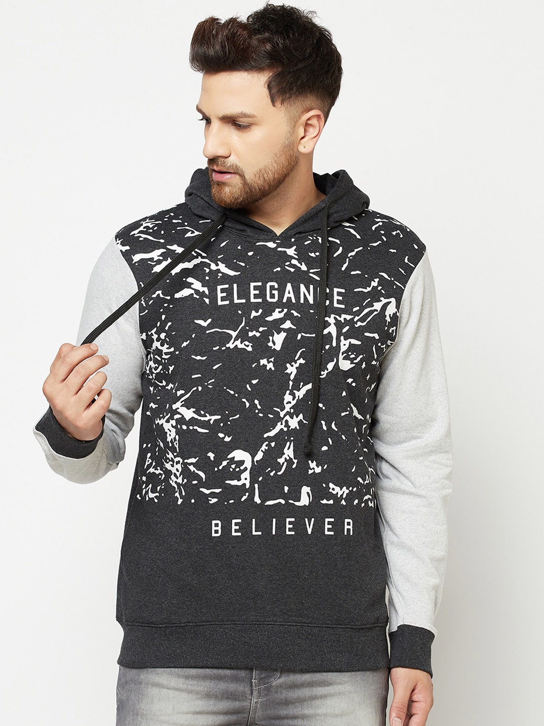 

ELEGANCE Men Charcoal Grey Printed Hooded Sweatshirt