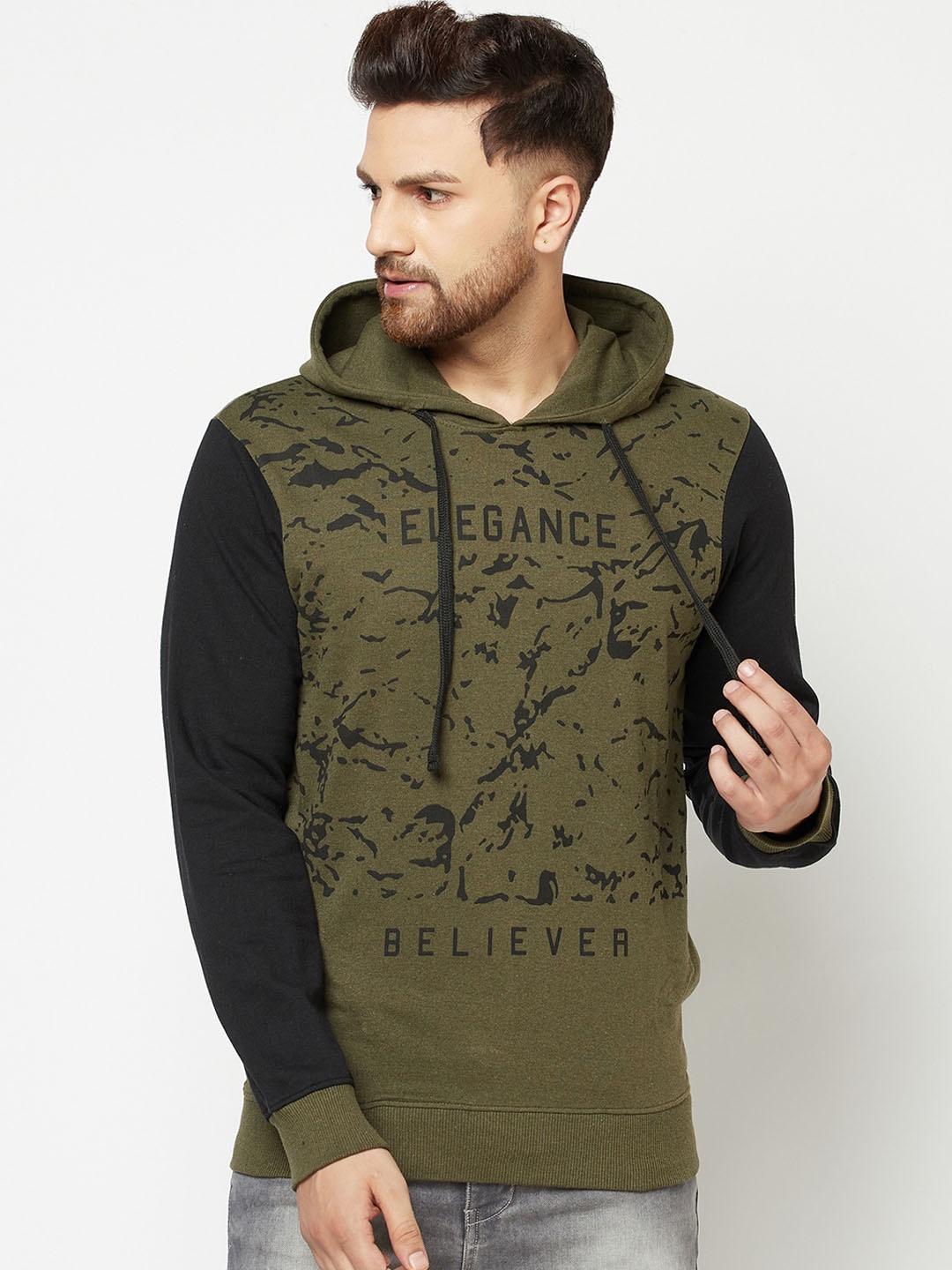 

ELEGANCE Men Olive Green Printed Hooded Sweatshirt