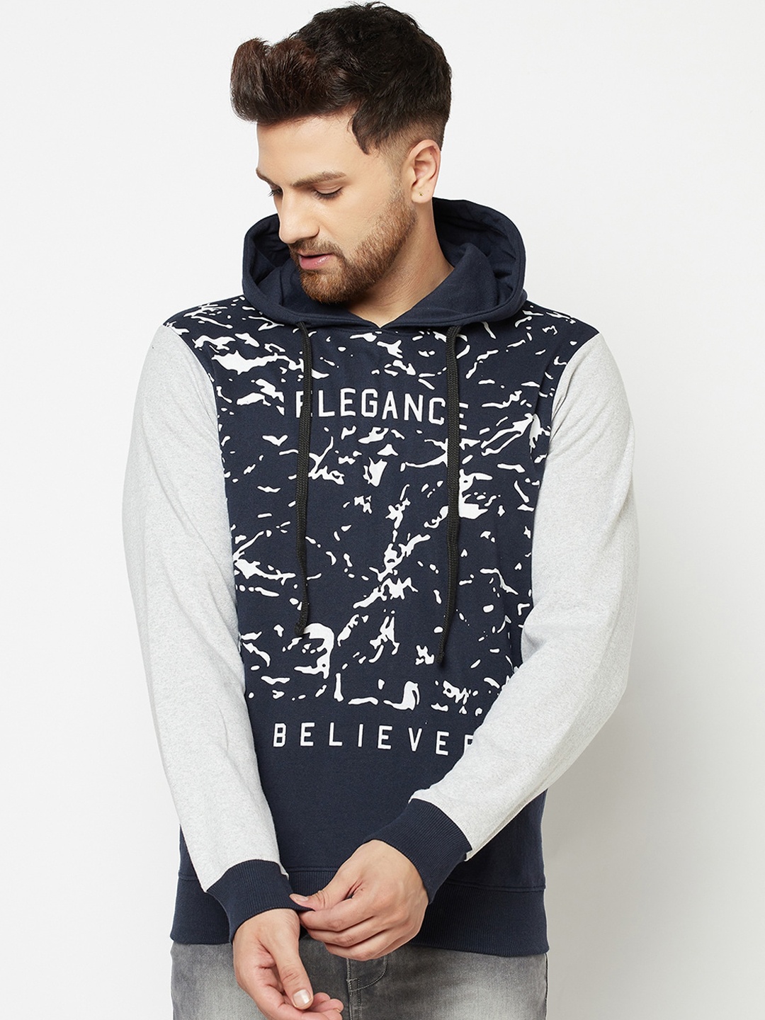 

ELEGANCE Men Navy Blue Printed Hooded Sweatshirt