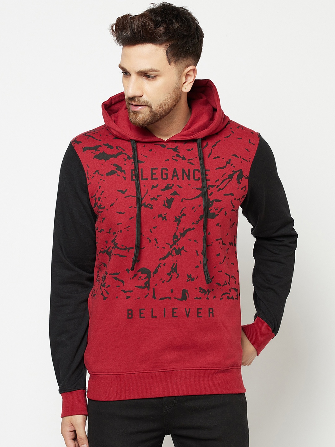 

ELEGANCE Men Red Printed Hooded Sweatshirt