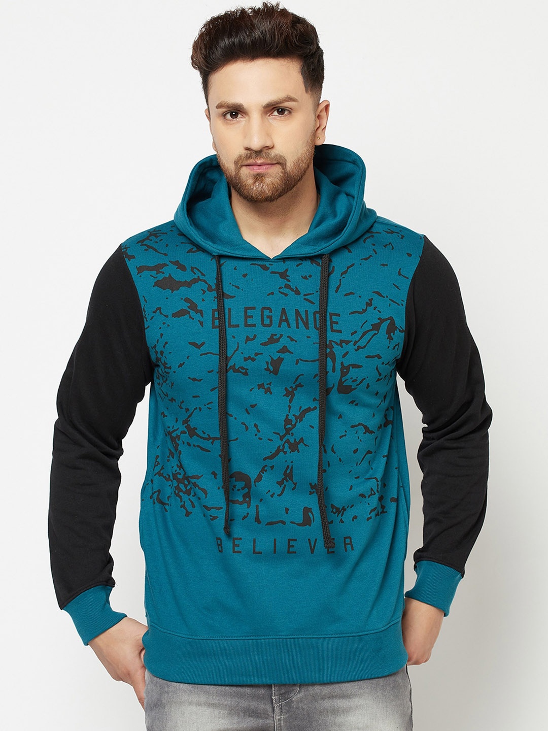 

ELEGANCE Men Teal & Black Printed Hooded Sweatshirt