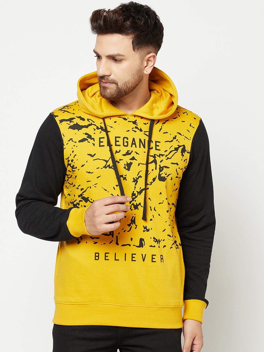 

ELEGANCE Men Mustard Yellow & Black Printed Hooded Sweatshirt