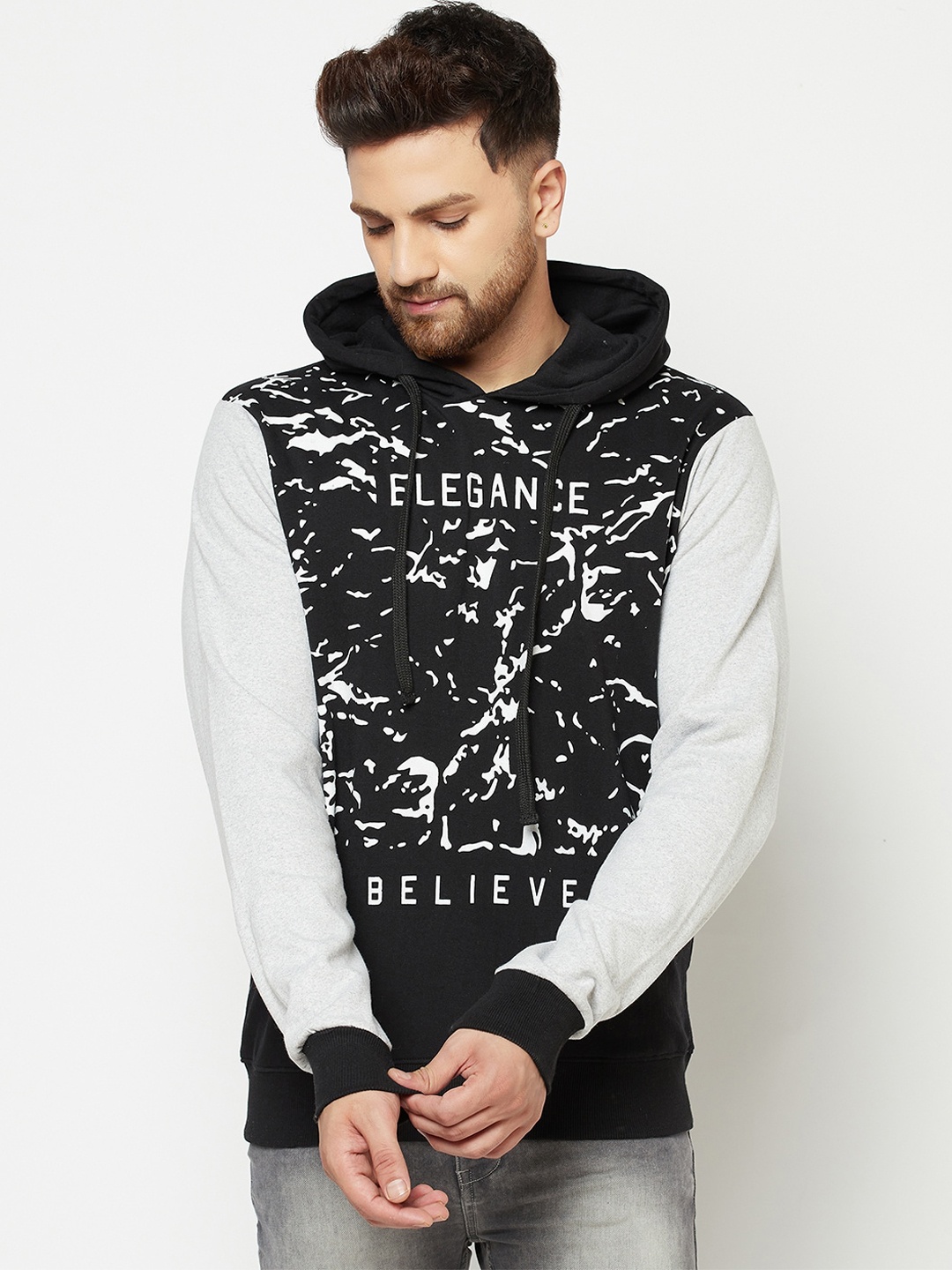 

ELEGANCE Men Black Printed Hooded Sweatshirt