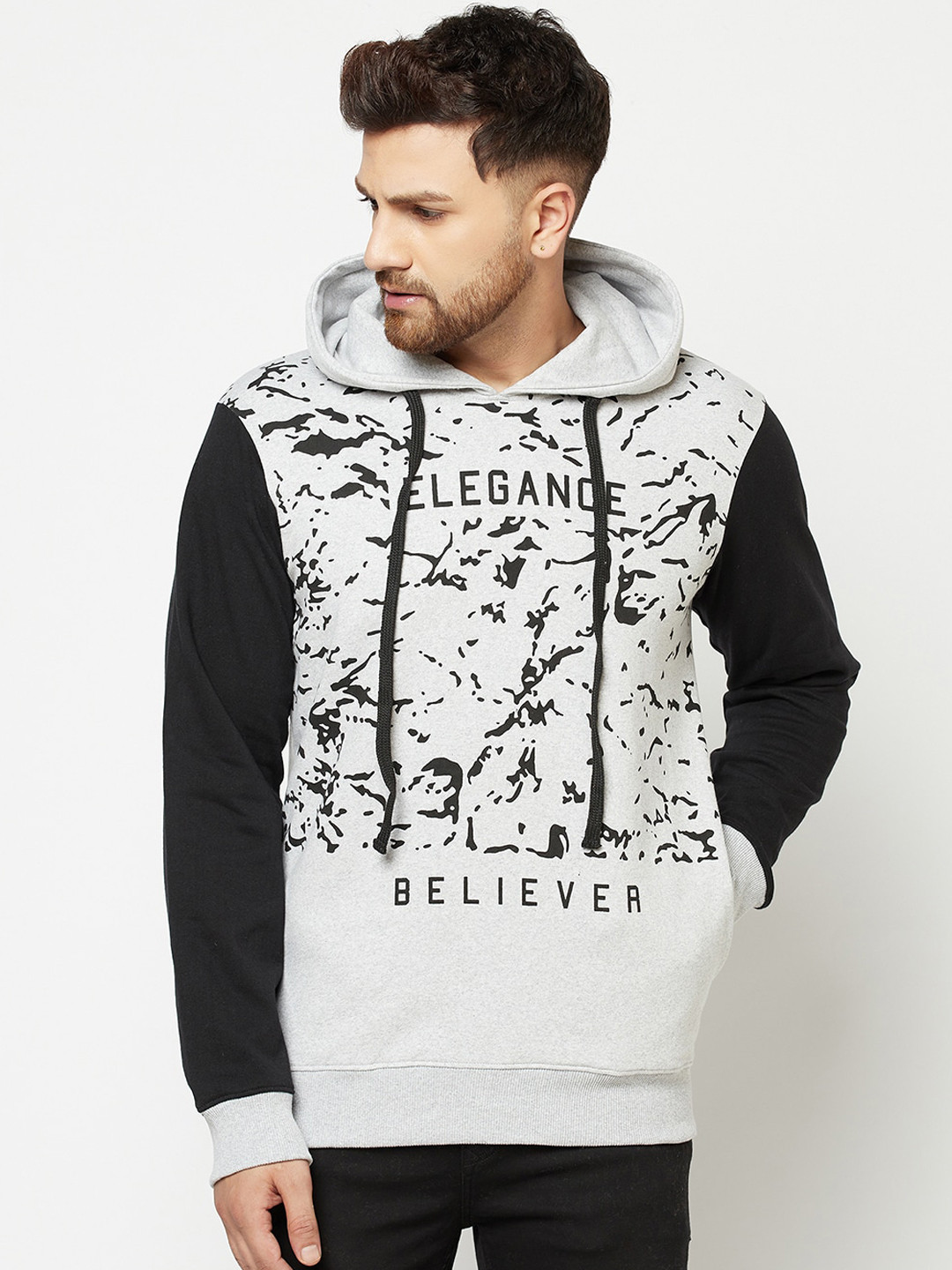 

ELEGANCE Men Grey & Black Printed Hooded Sweatshirt