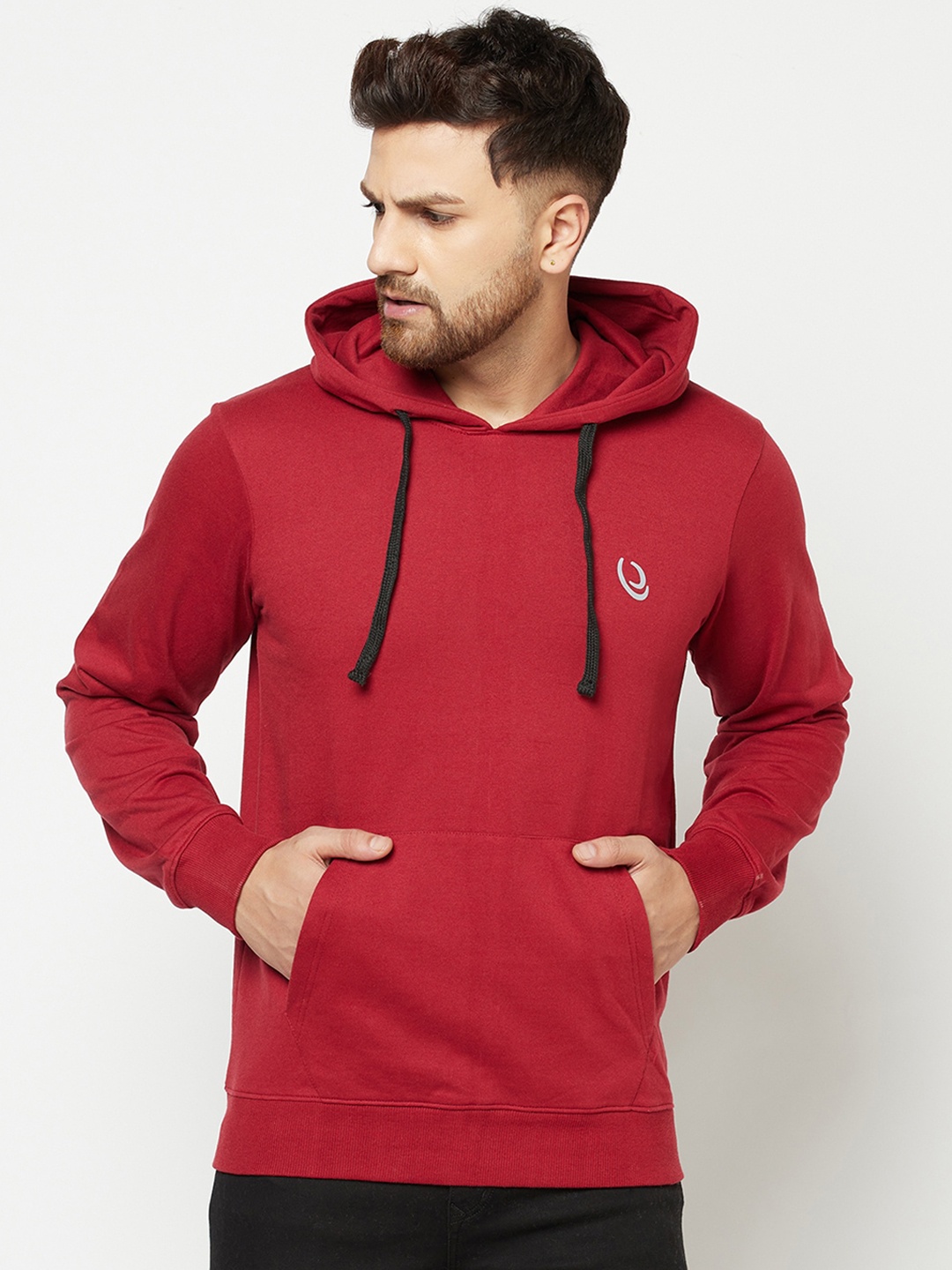 

ELEGANCE Men Red Solid Hooded Sweatshirt