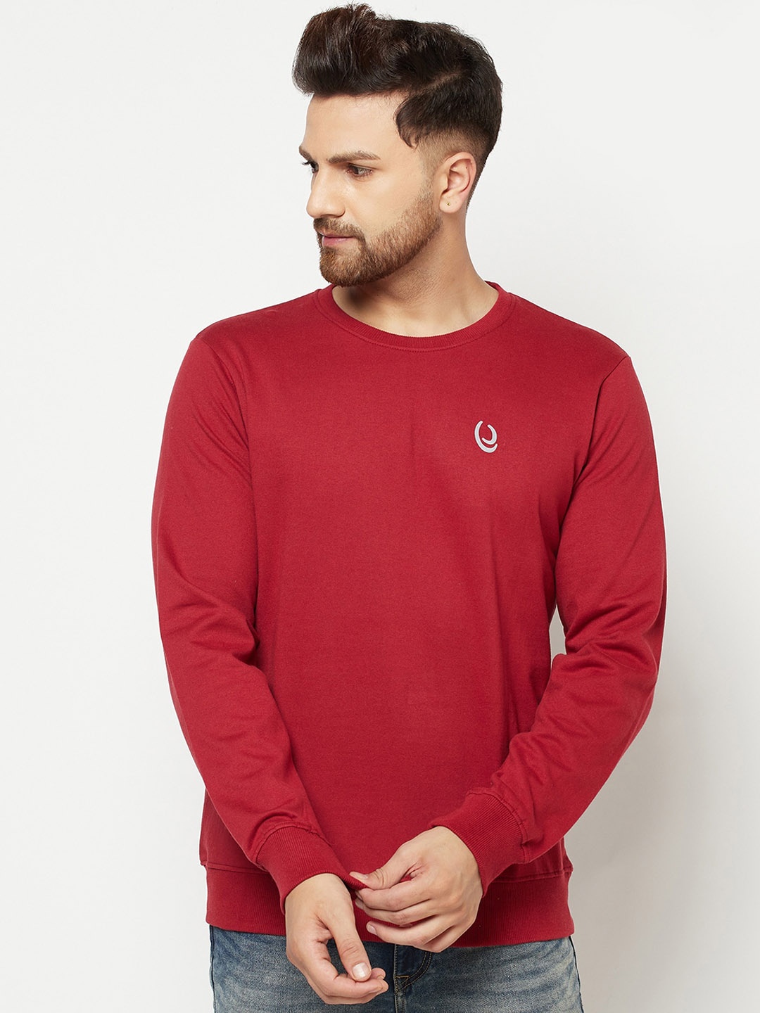 

ELEGANCE Men Red Solid Fleece Sweatshirt