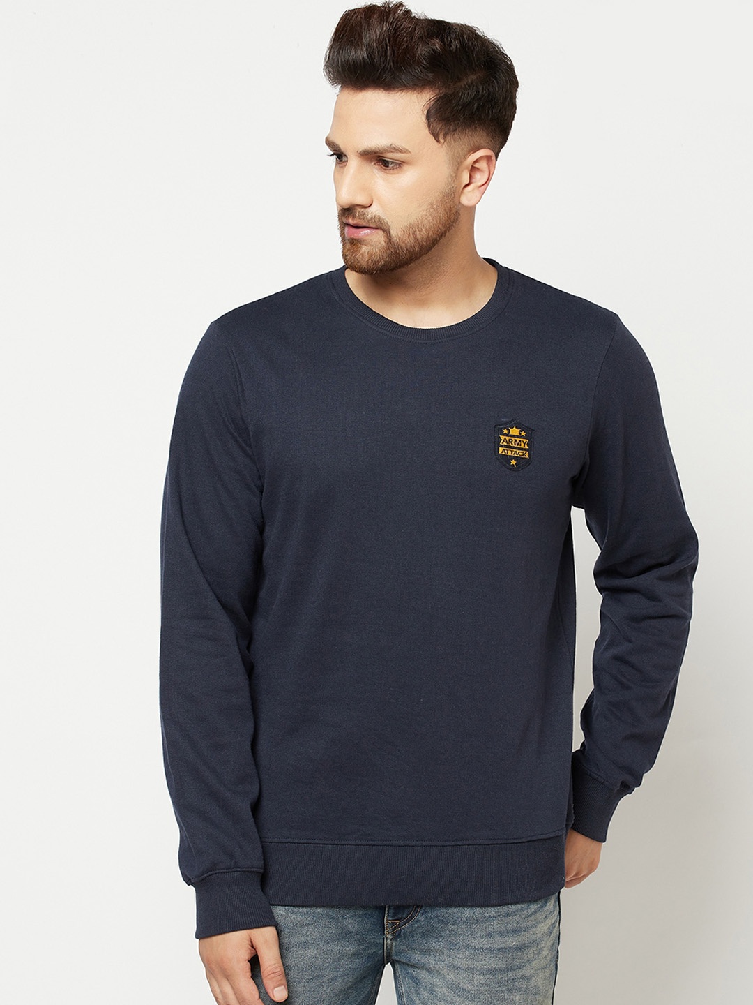 

ELEGANCE Men Navy Blue Solid Fleece Sweatshirt