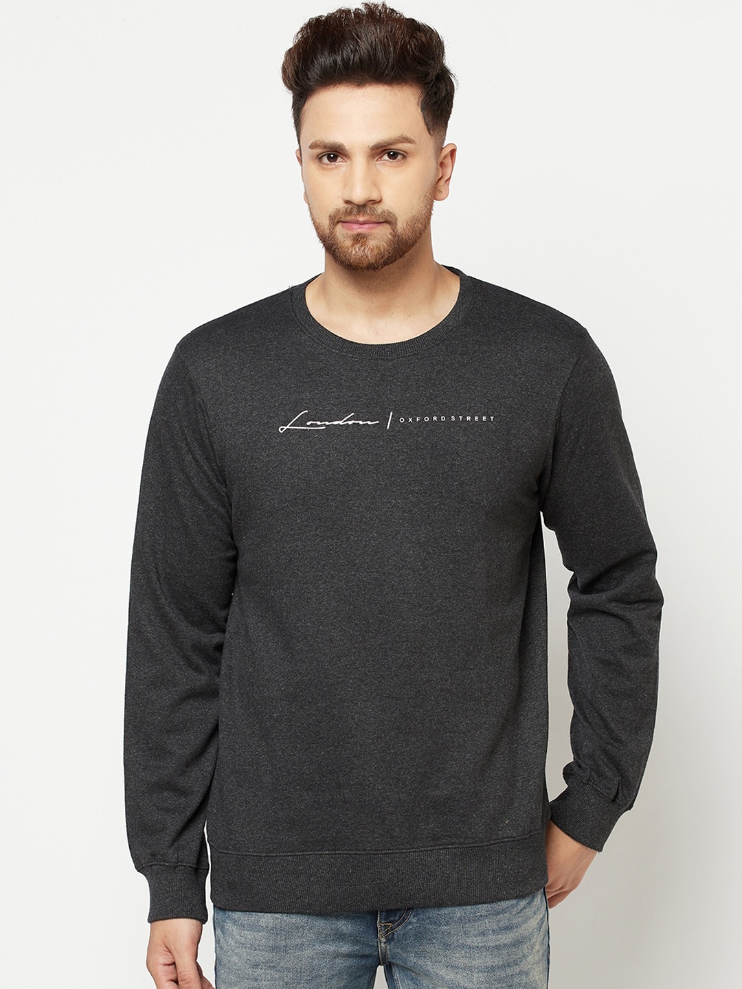 

ELEGANCE Men Charcoal Grey Printed Sweatshirt