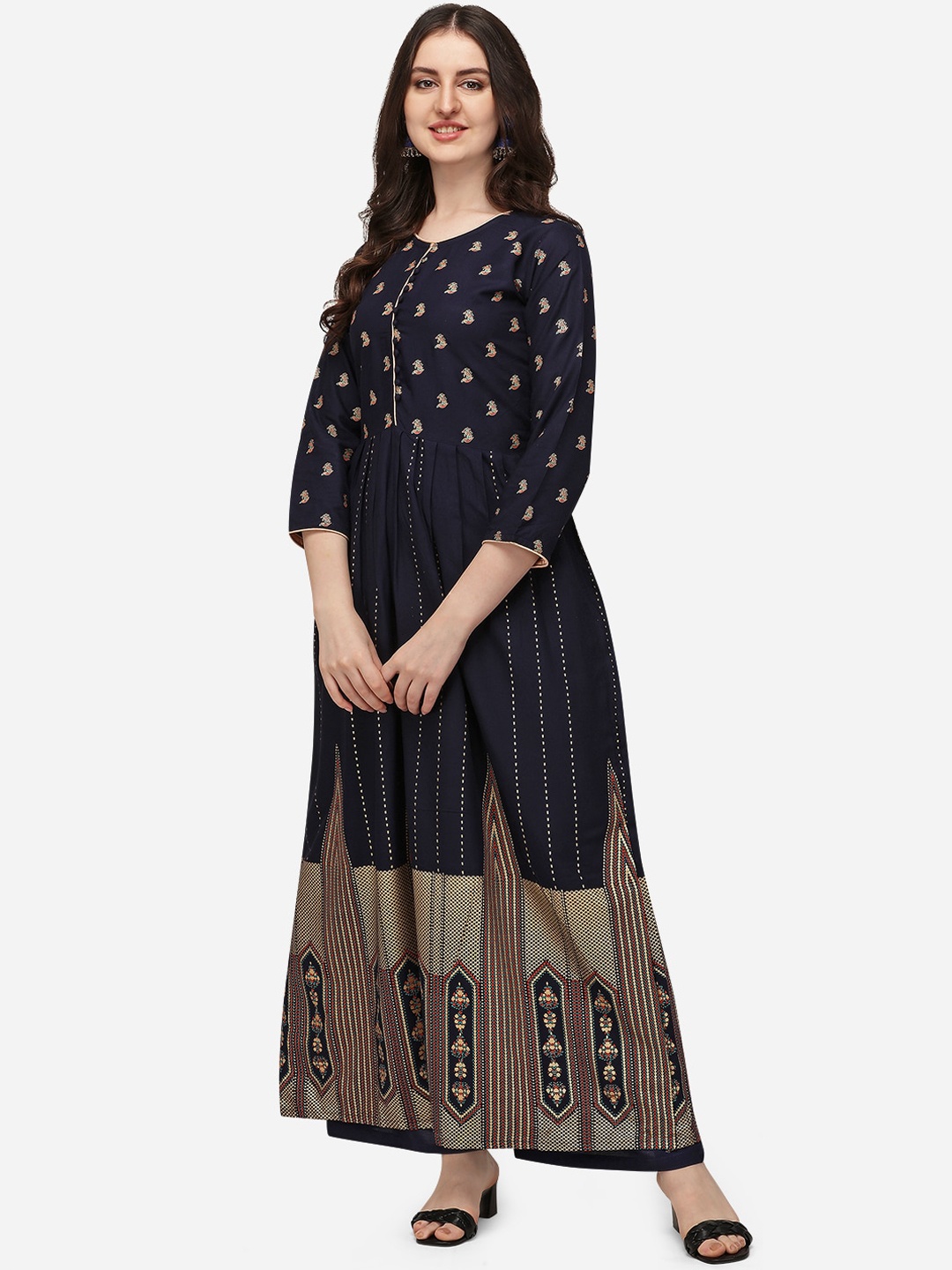 

SAADHVI Women Navy Blue Ethnic Motifs Embroidered Pleated Kurti with Palazzos