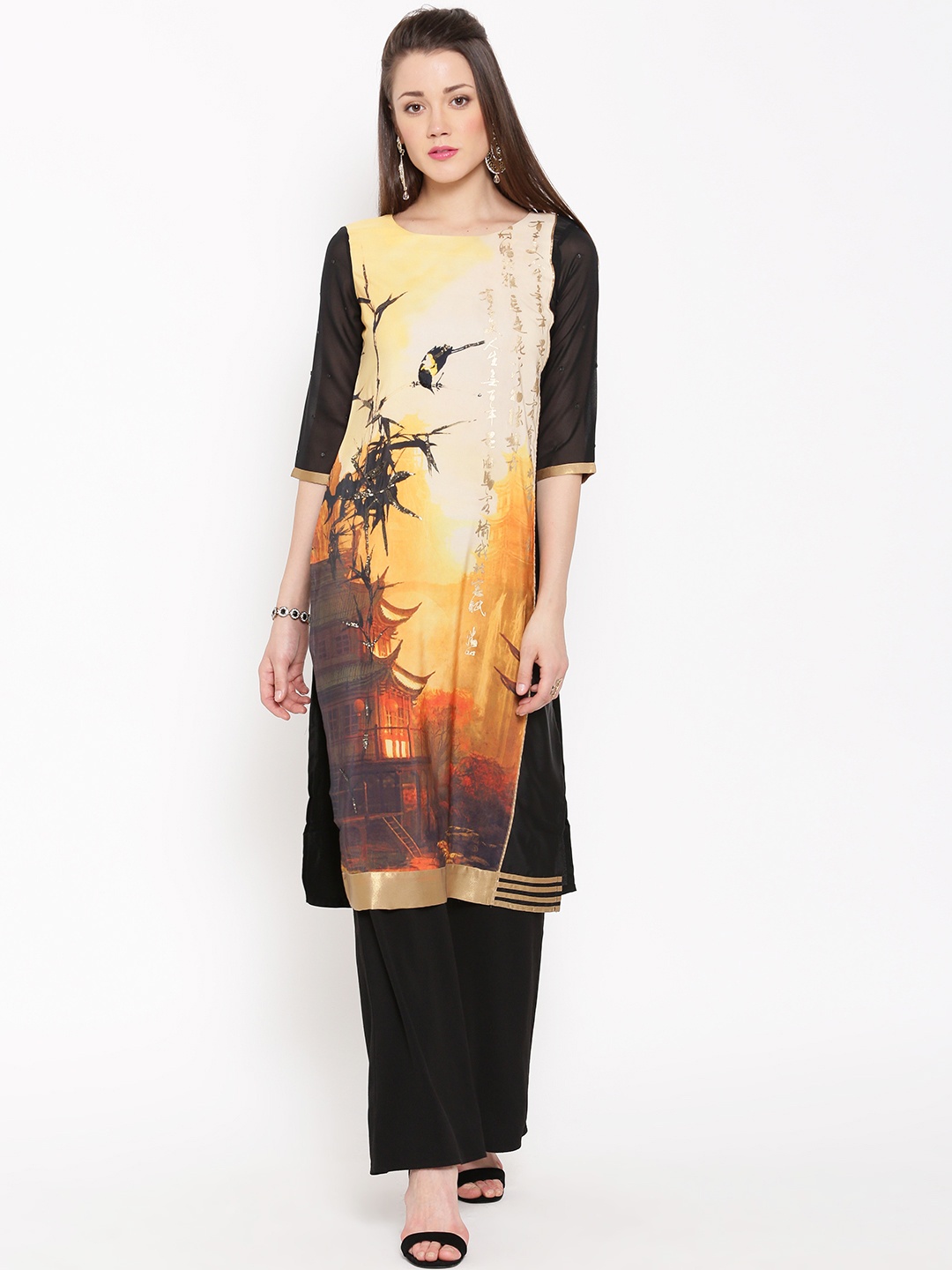 

WISHFUL by W Women YelloWISHFUL by W & Black Quirky Print Straight Kurta, Yellow