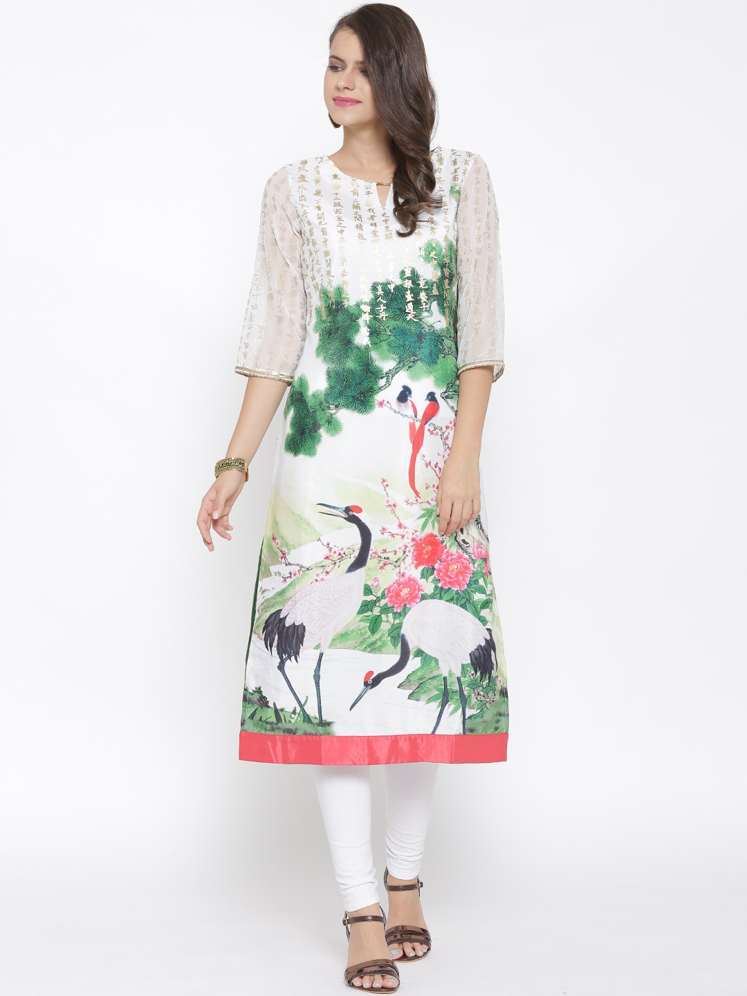 

WISHFUL by W Women White & Green Quirky Print Straight Kurta