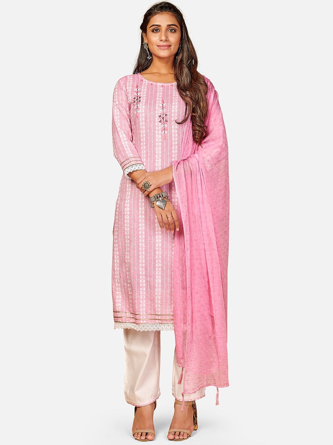 

Vbuyz Women Pink Regular Striped & Embroidered Kurta with Palazzos & Dupatta