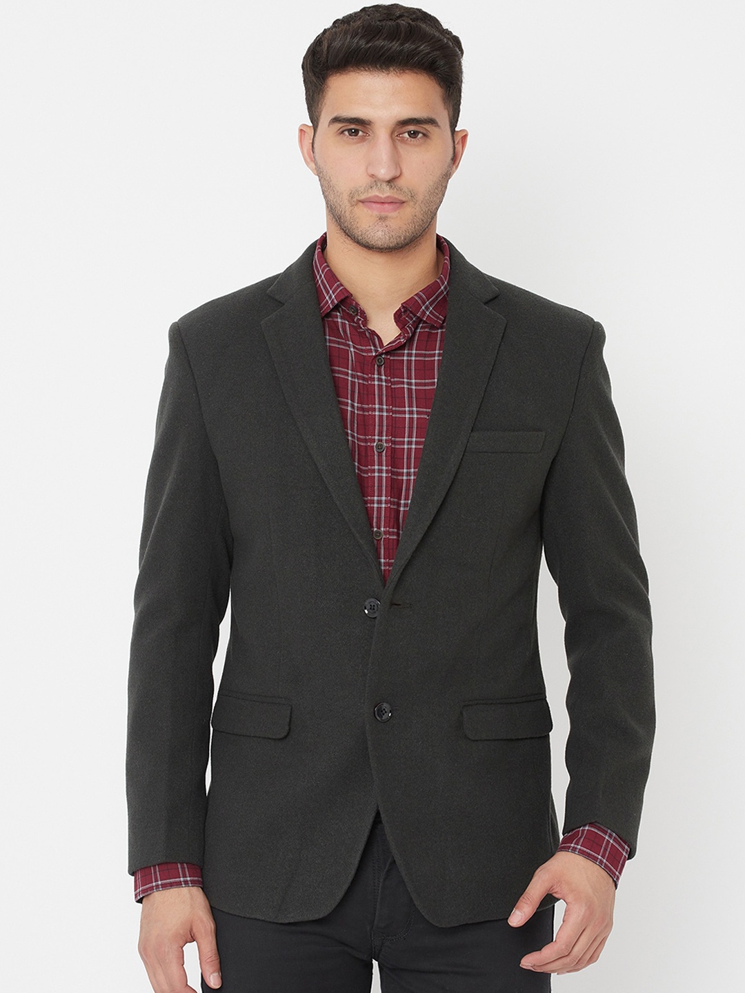 

METTLE Mens Olive Grey Slim Fit Solid Single Breasted Casual Blazer