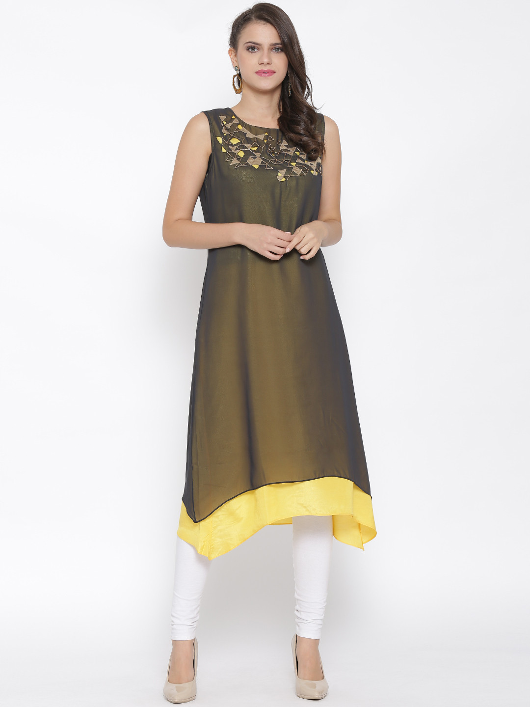 

Wishful by W Women Charcoal Grey Solid A-Line Asymmetric Kurta