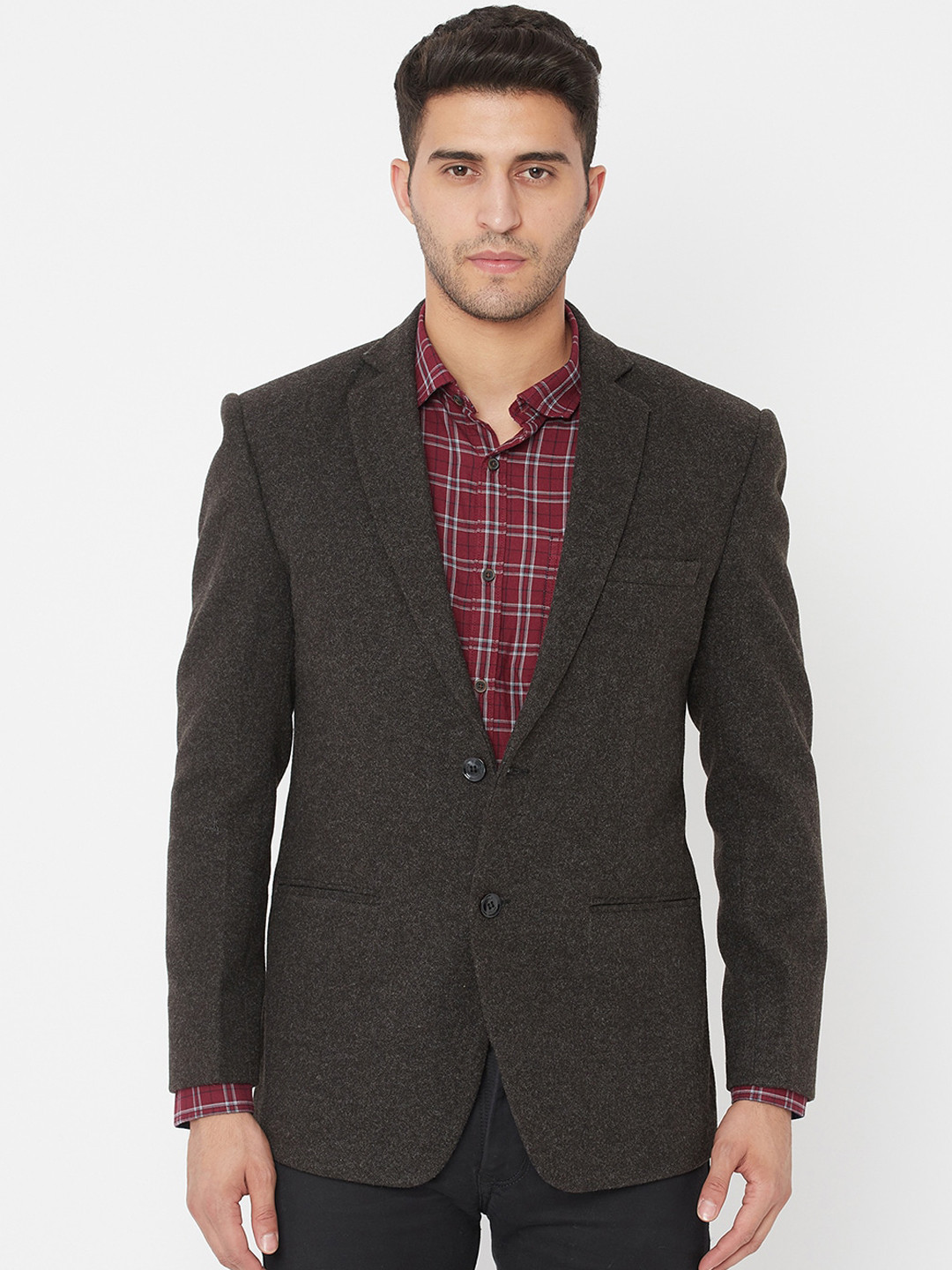 

METTLE Men Charcoal Grey Self-Design Single-Breasted Blazer
