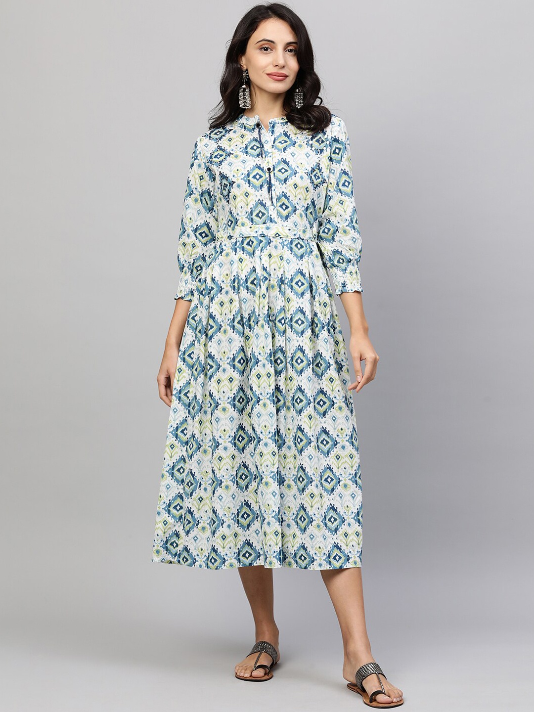 

FASHOR White & Blue Ethnic Motifs A-Line Midi Dress