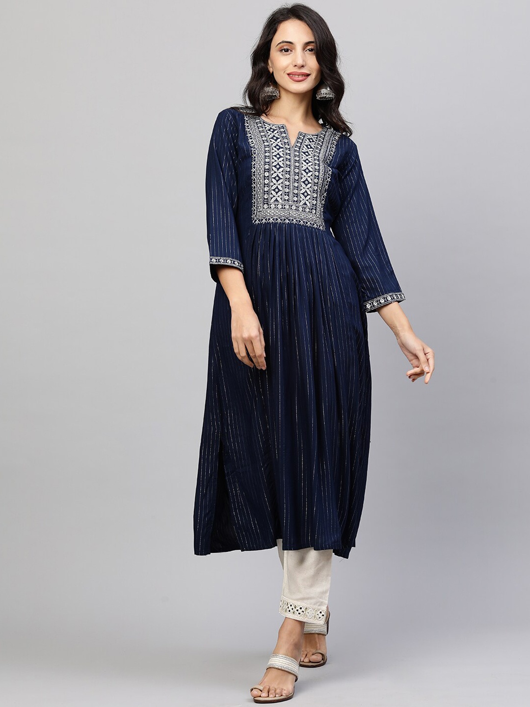 

FASHOR Women Navy Blue Geometric Yoke Design Keyhole Neck Kurta